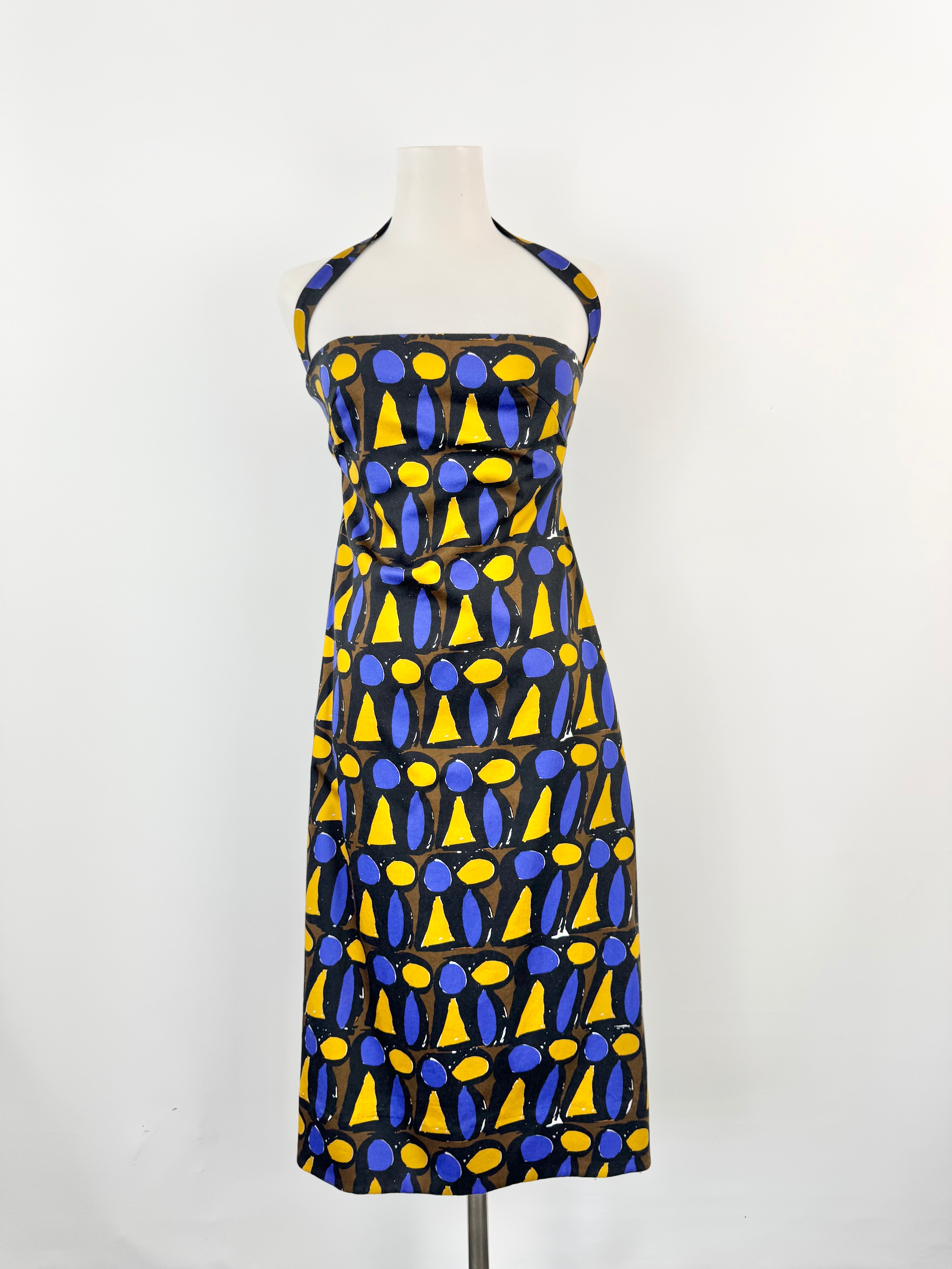 Scanlan Theodore Black Blue & Yellow Geometric Pattern Halter Neck Dress - AU6