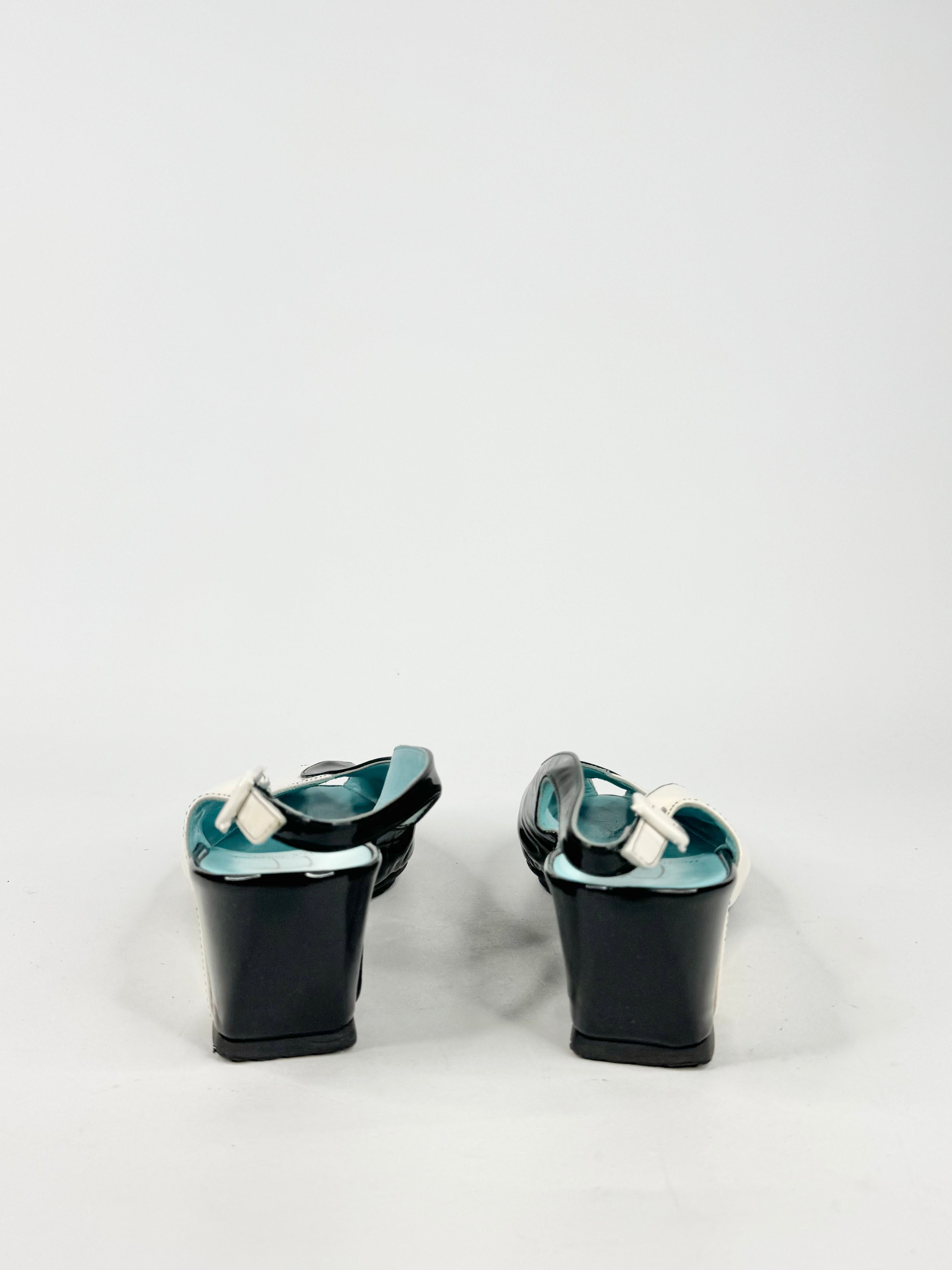 Thierry Black & White Patent Leather Peep Toe Wedges - EU38