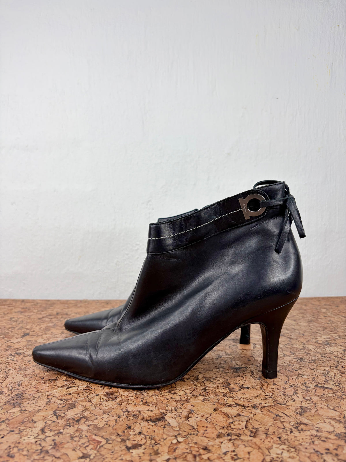 Salvatore Ferragamo Smooth Black Leather Pointed Toe Ankle Boots - EU40