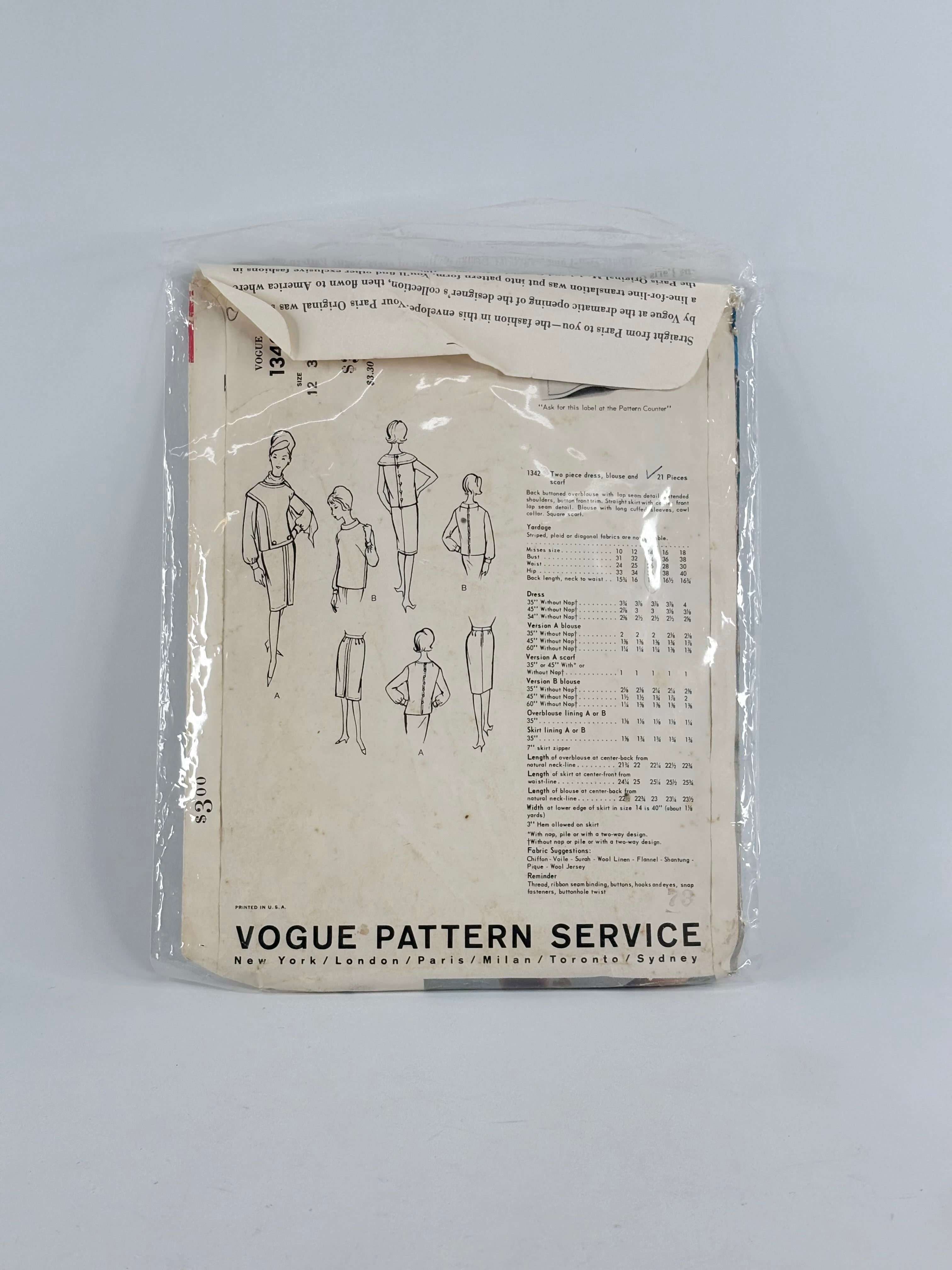 Vogue Paris Original Pierre Cardin Dress, Blouse & Scarf: No. 1342 - Size 12