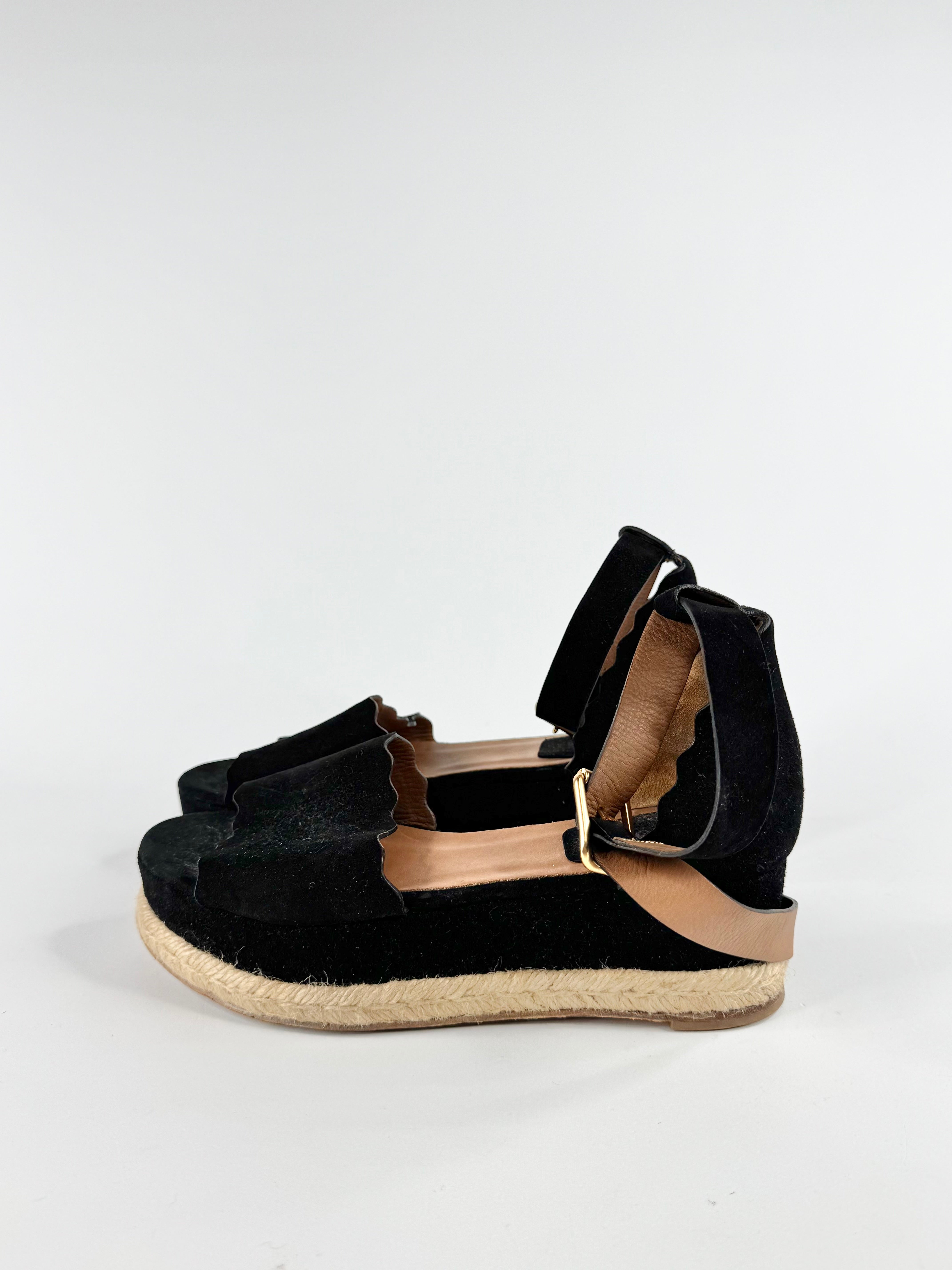 Chloe Black Suede 'Lauren' Scallop Trim Espadrilles - EU38