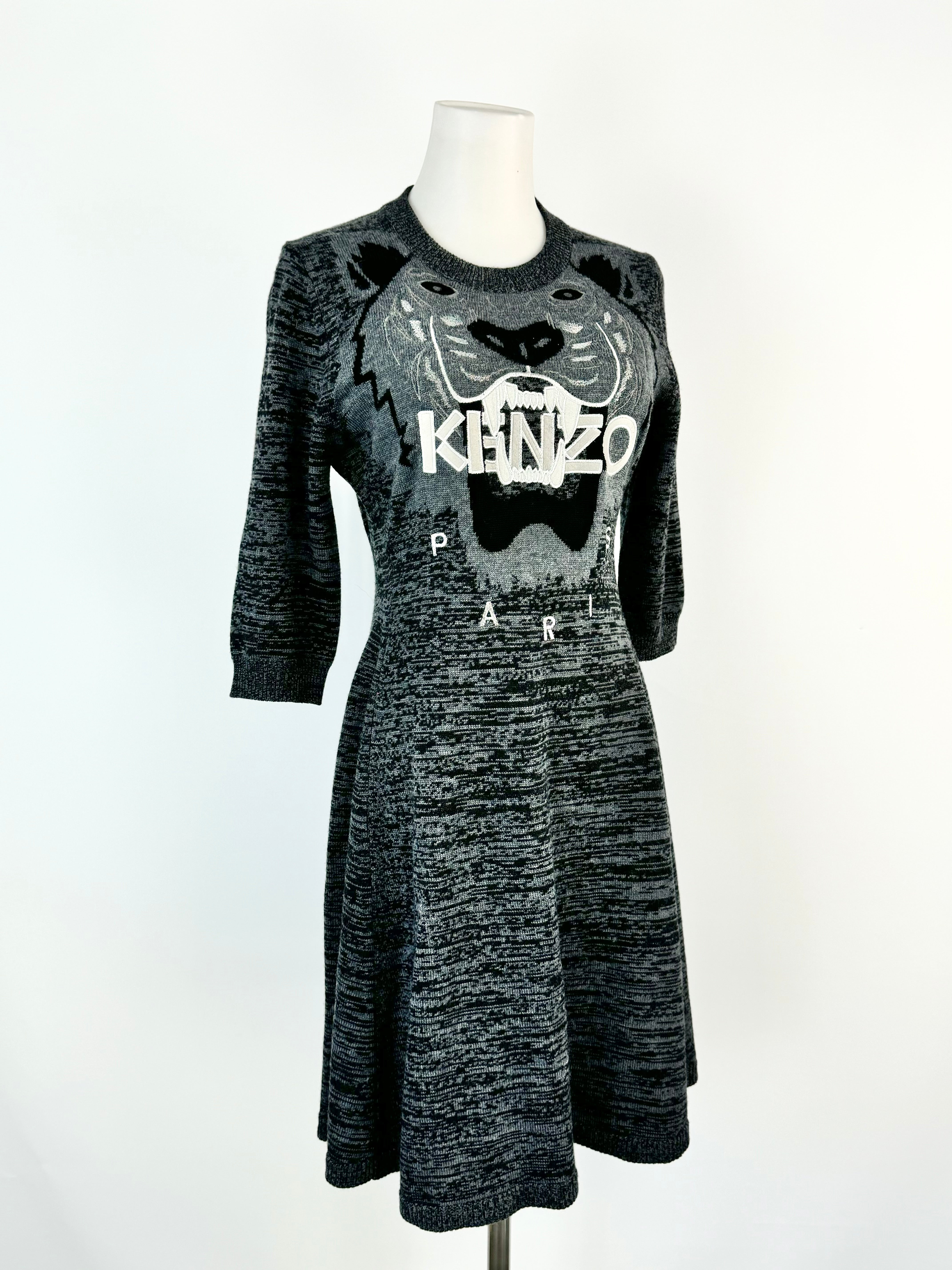 Kenzo Grey & Black Tiger Pattern Knitted Dress - AU10