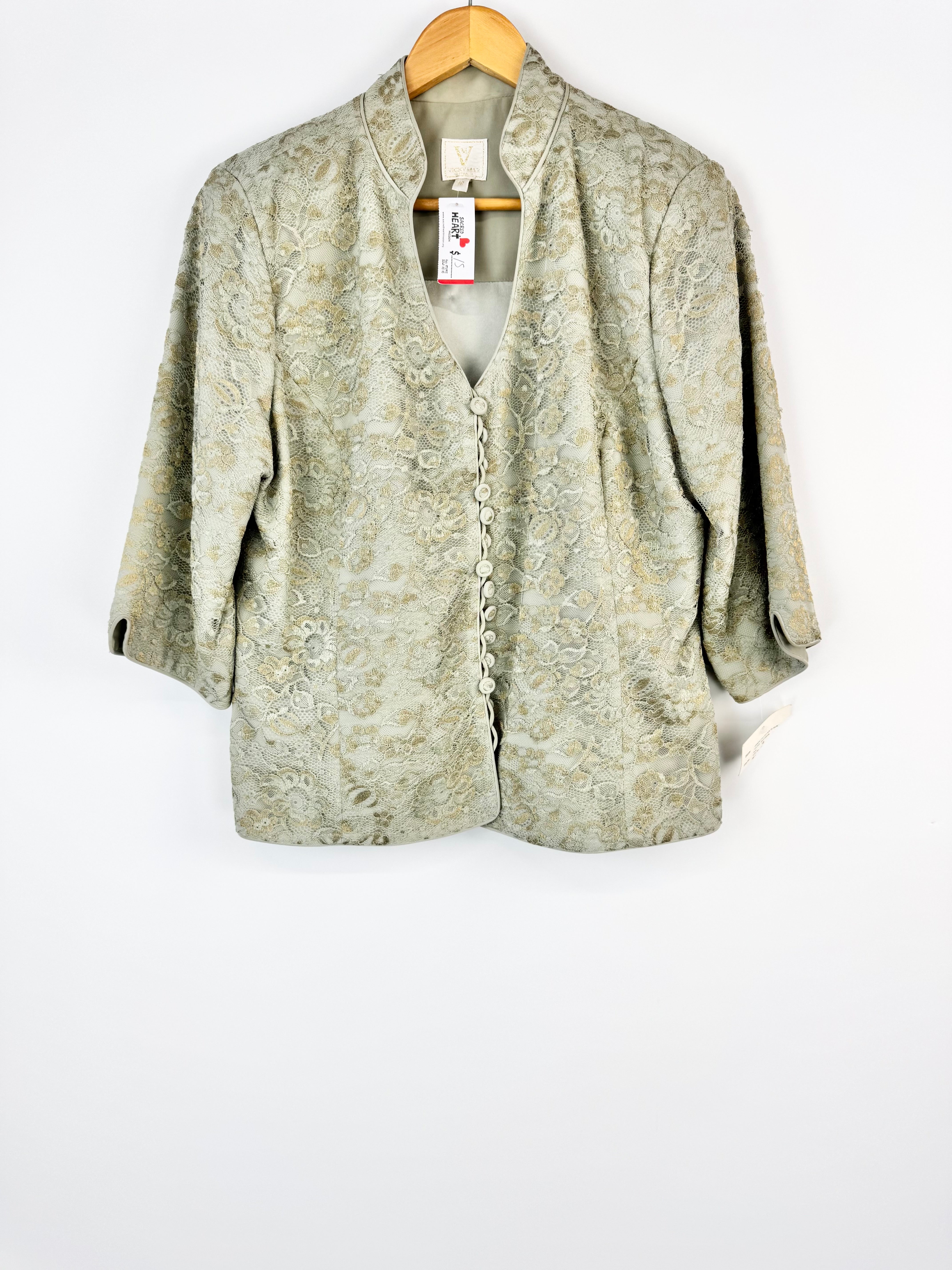 Vintage Vicky Mar Mint & Gold Lace Overlay Blazer - AU16/18