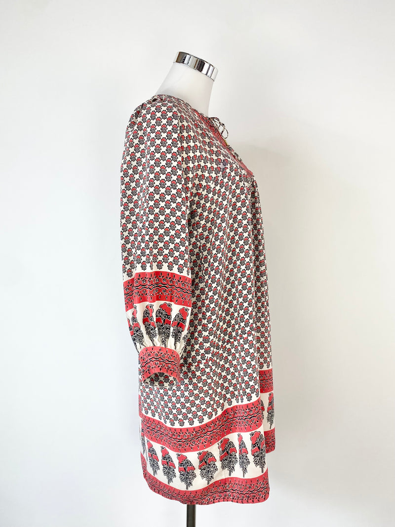 Ulla Johnson Red & Cream Floral Motif Bohemian Silk Dress - AU8/10