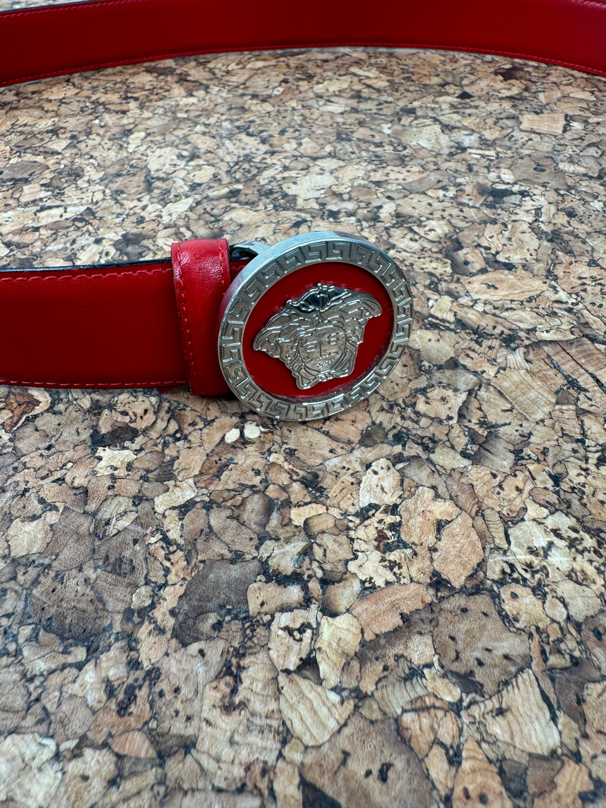 Vintage Versace Medusa & Greek Key Cherry Red Leather Belt