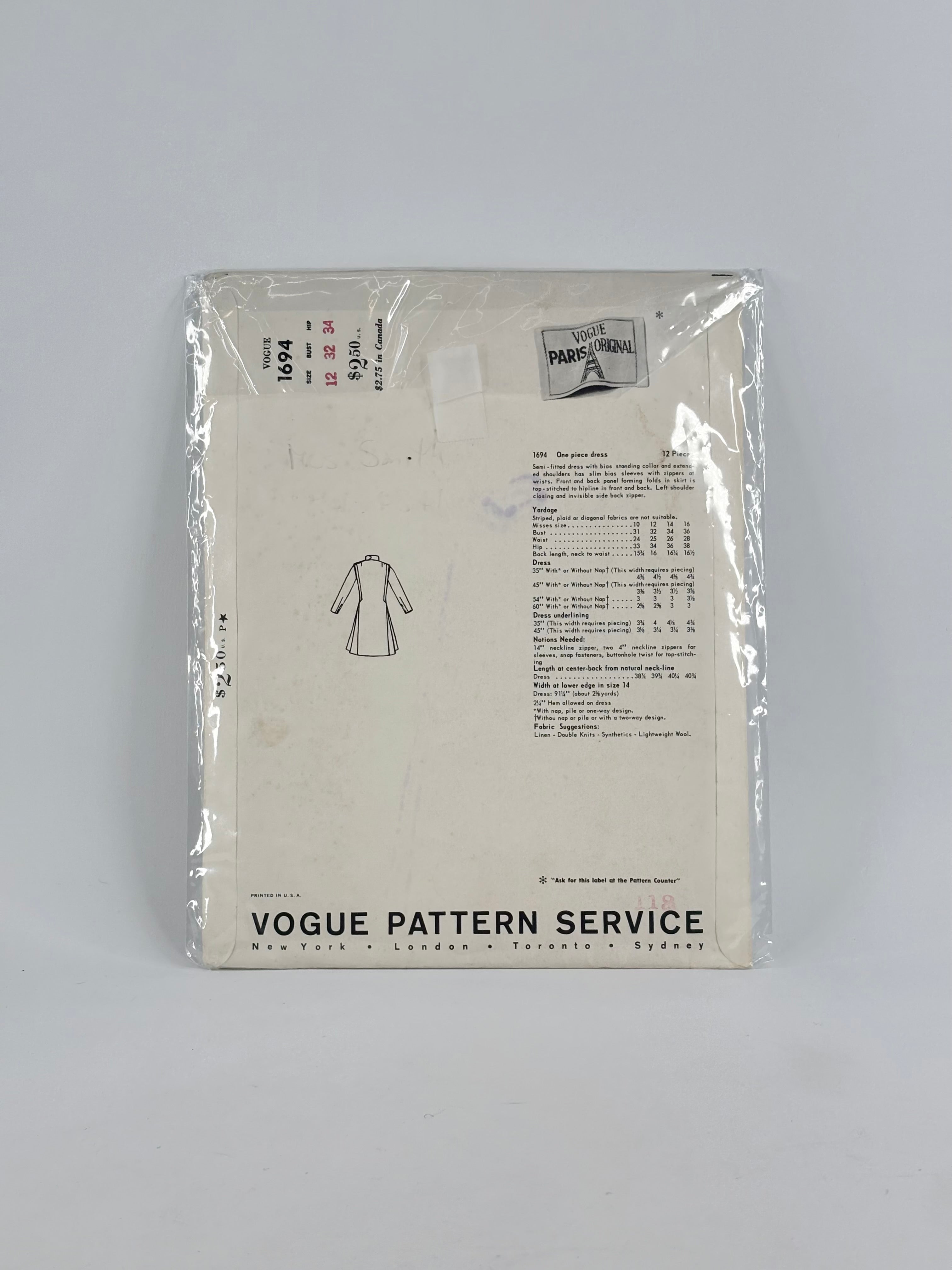 Vogue Paris Original Pierre Cardin Dress: No. 1694 - Size 12