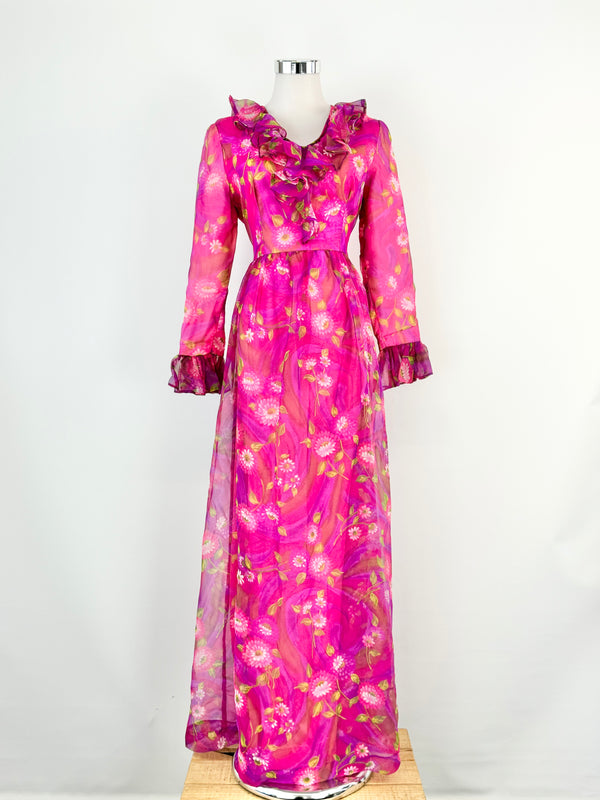 Vintage 70s Pink Floral Maxi Dress - AU8