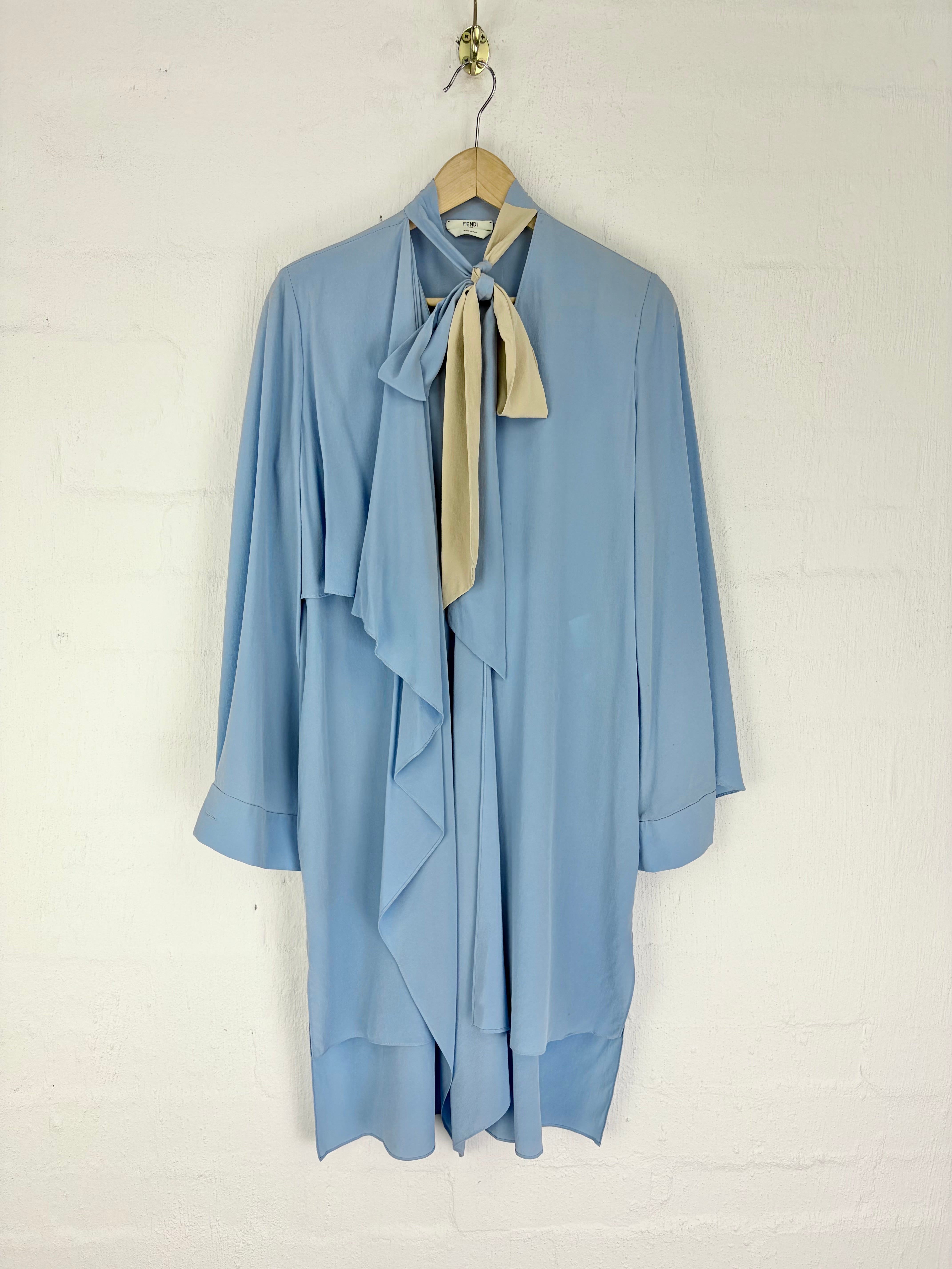 Fendi Sky Blue & Cream Silk Layered Pussy Bow Dress - AU6/8