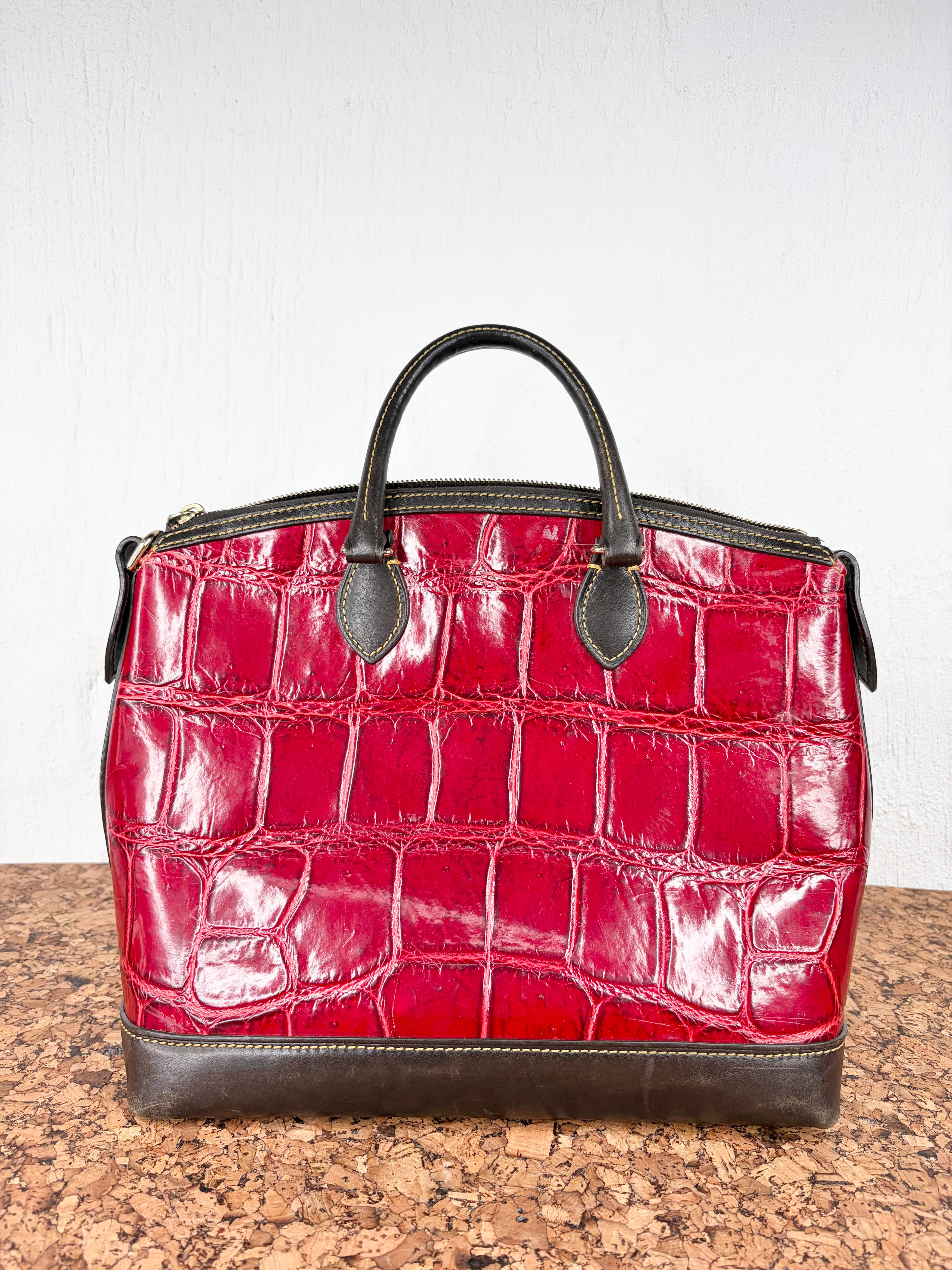 Dooney Bourke Red and Black Faux Croc Satchel Bag
