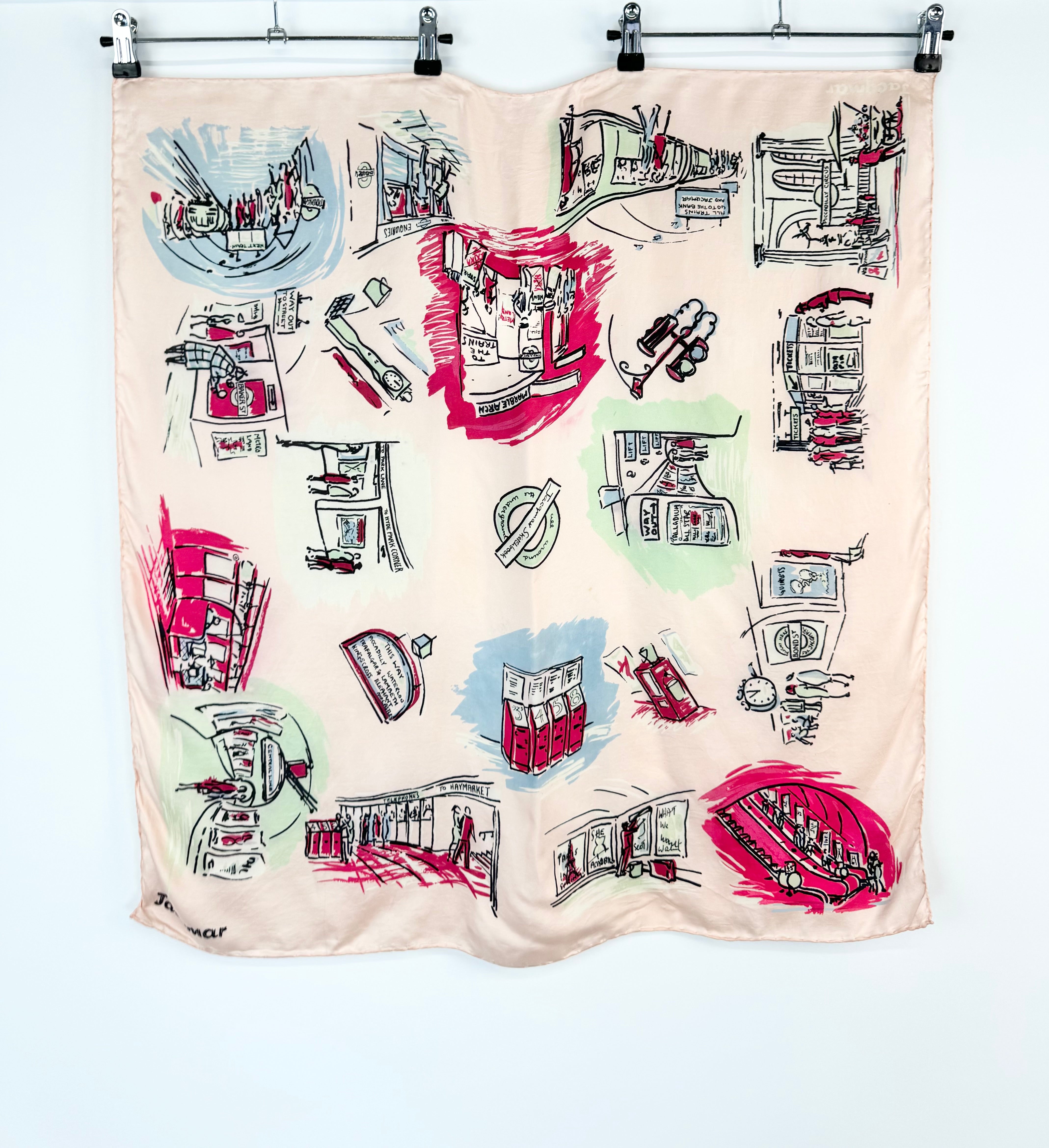 Vintage Jacqmar Pink London Sketchbook Silk Scarf