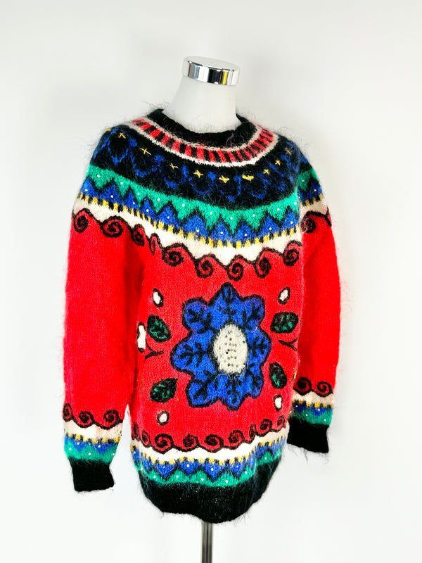 Vintage 80s Iznit Brightly Patterned Beaded Mohair Jumper - S