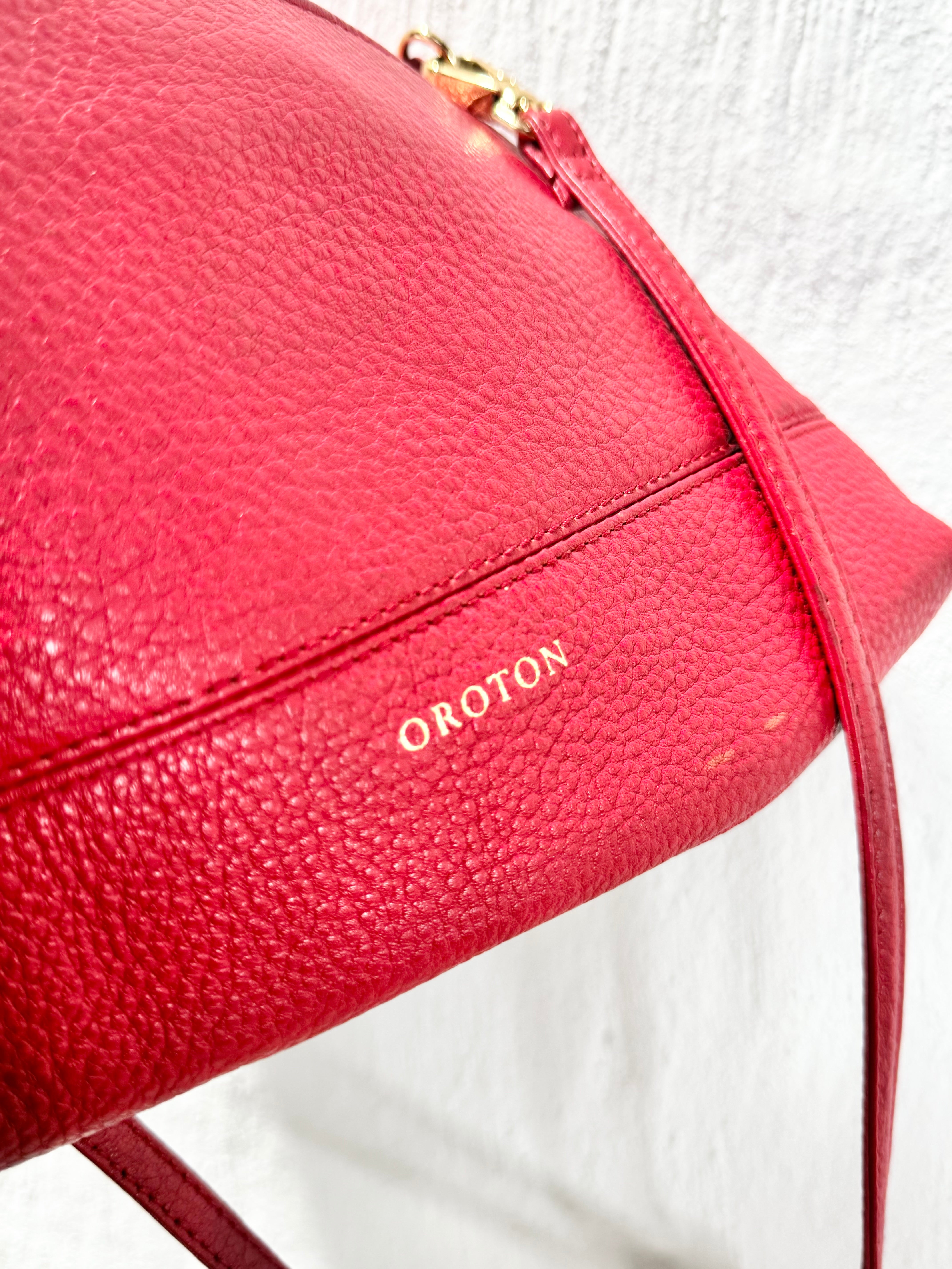 Oroton Chilli Red Grained Leather Folded Bag