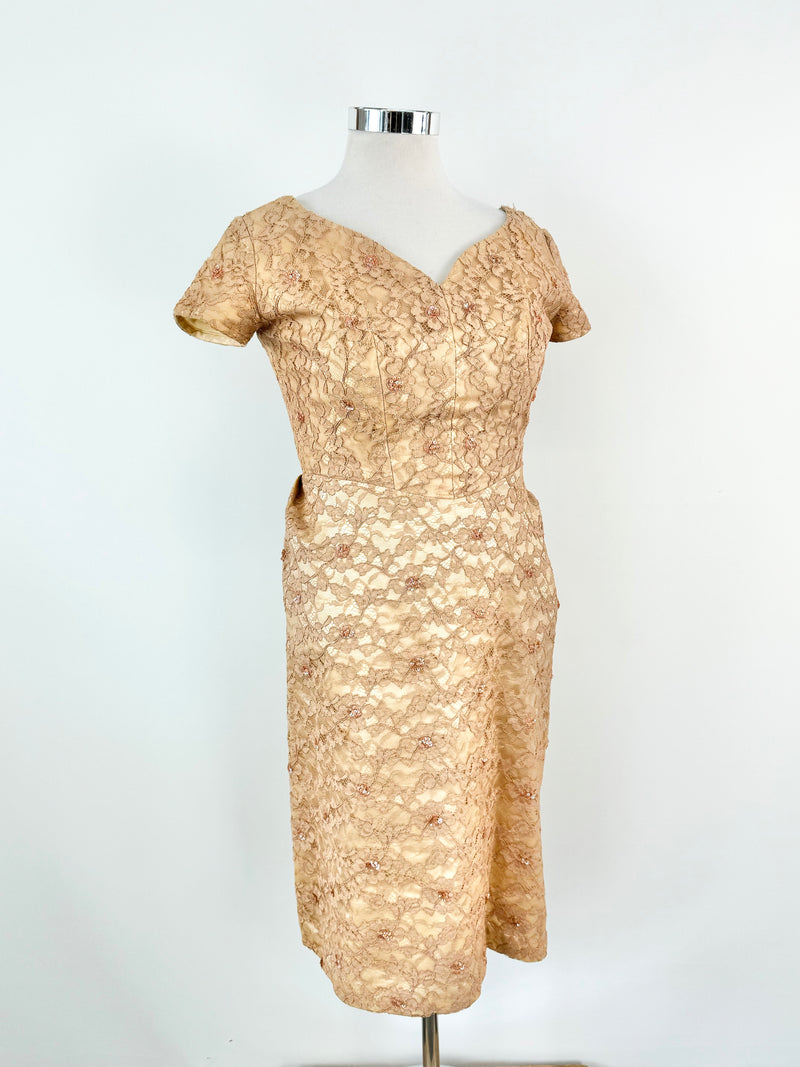 Vintage 50s Normal Original Dusty Peach Chantilly Lace Dress - AU10/12