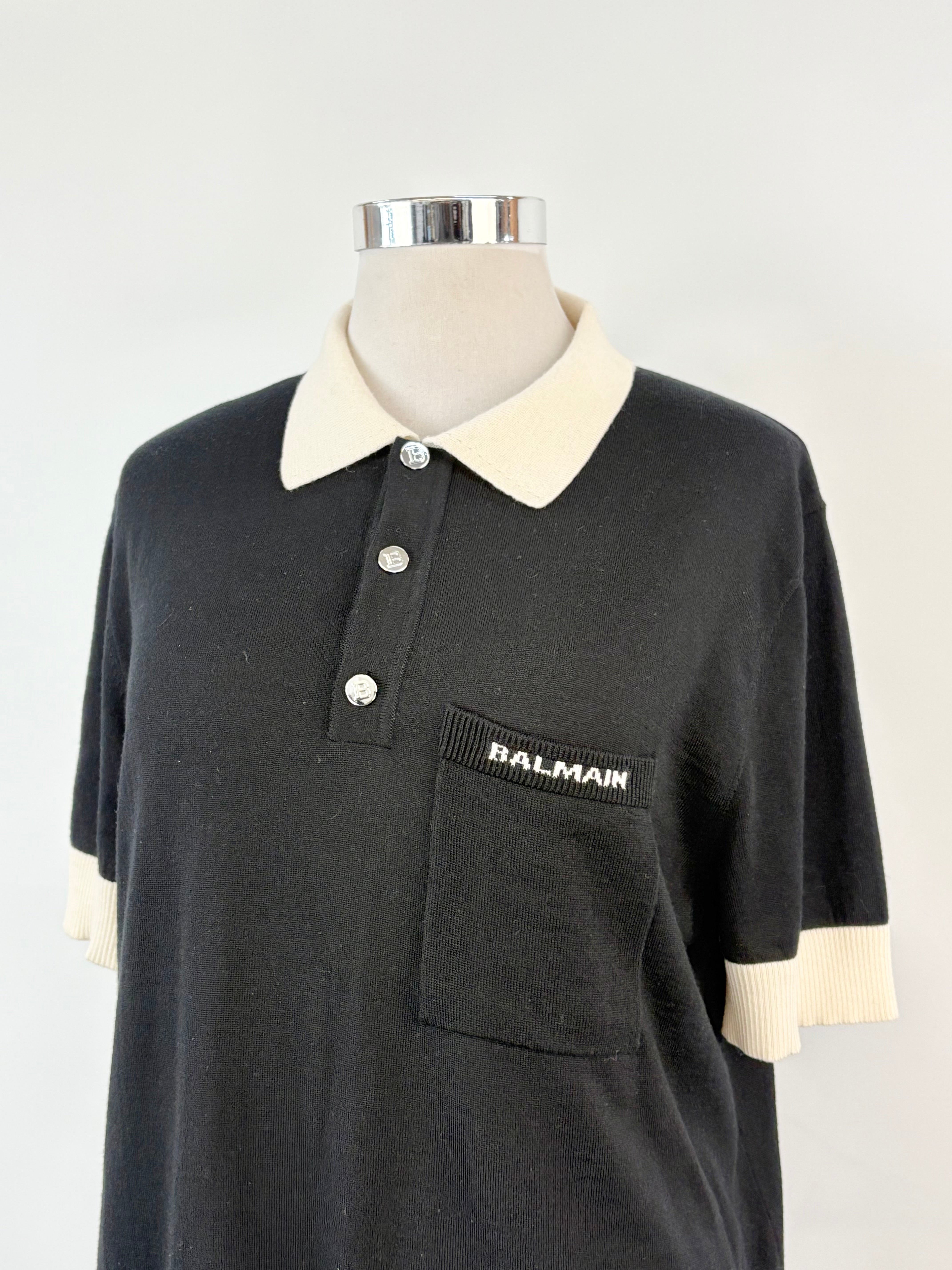 Balmain Black & Cream Trims Wool Polo - XXL