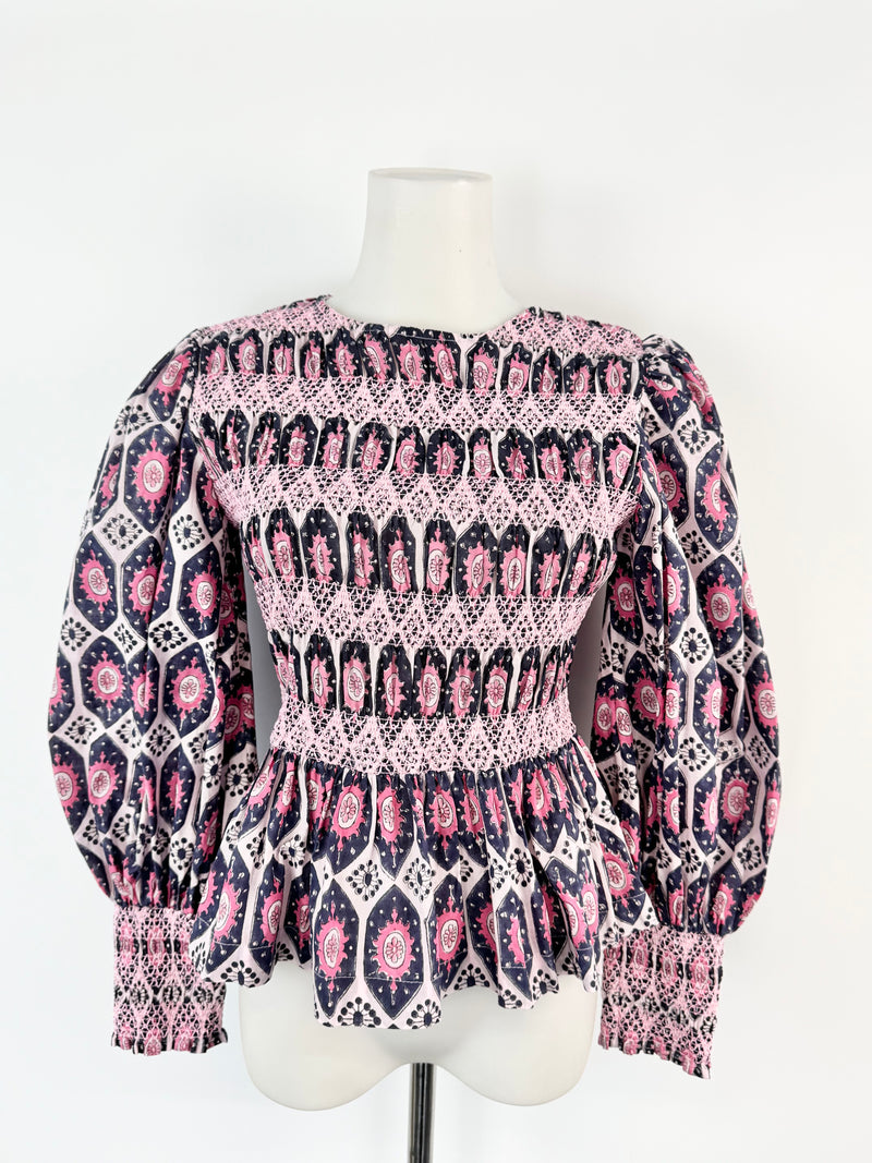 Malie Pink & Purple Patterned Peasant Blouse NWT - AU8/10