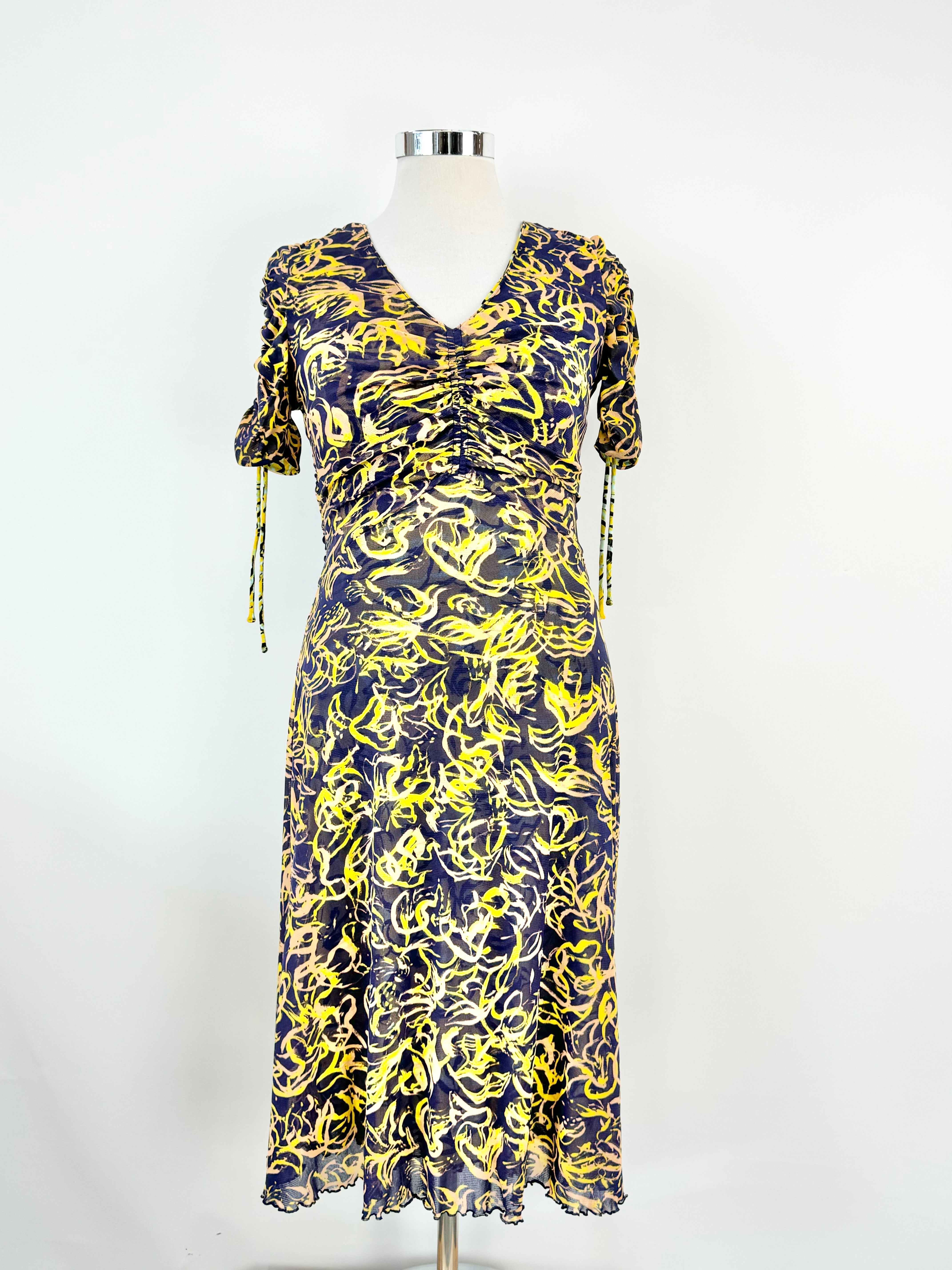 DVF 'In Charge' Yellow Patterned Ruched Dress - AU10/12