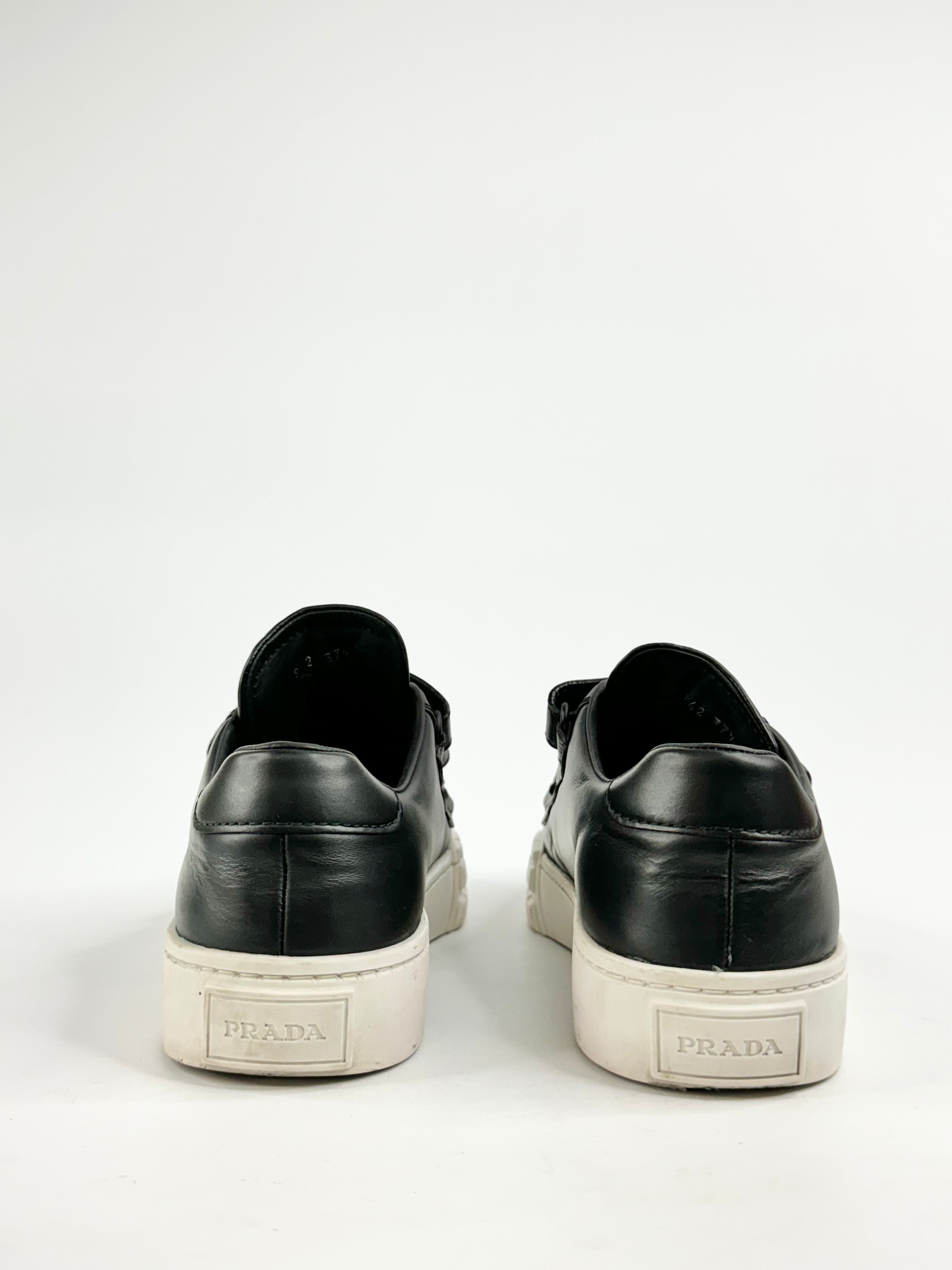 Prada Black Leather Three Strap Velcro Sneakers - EU37.5