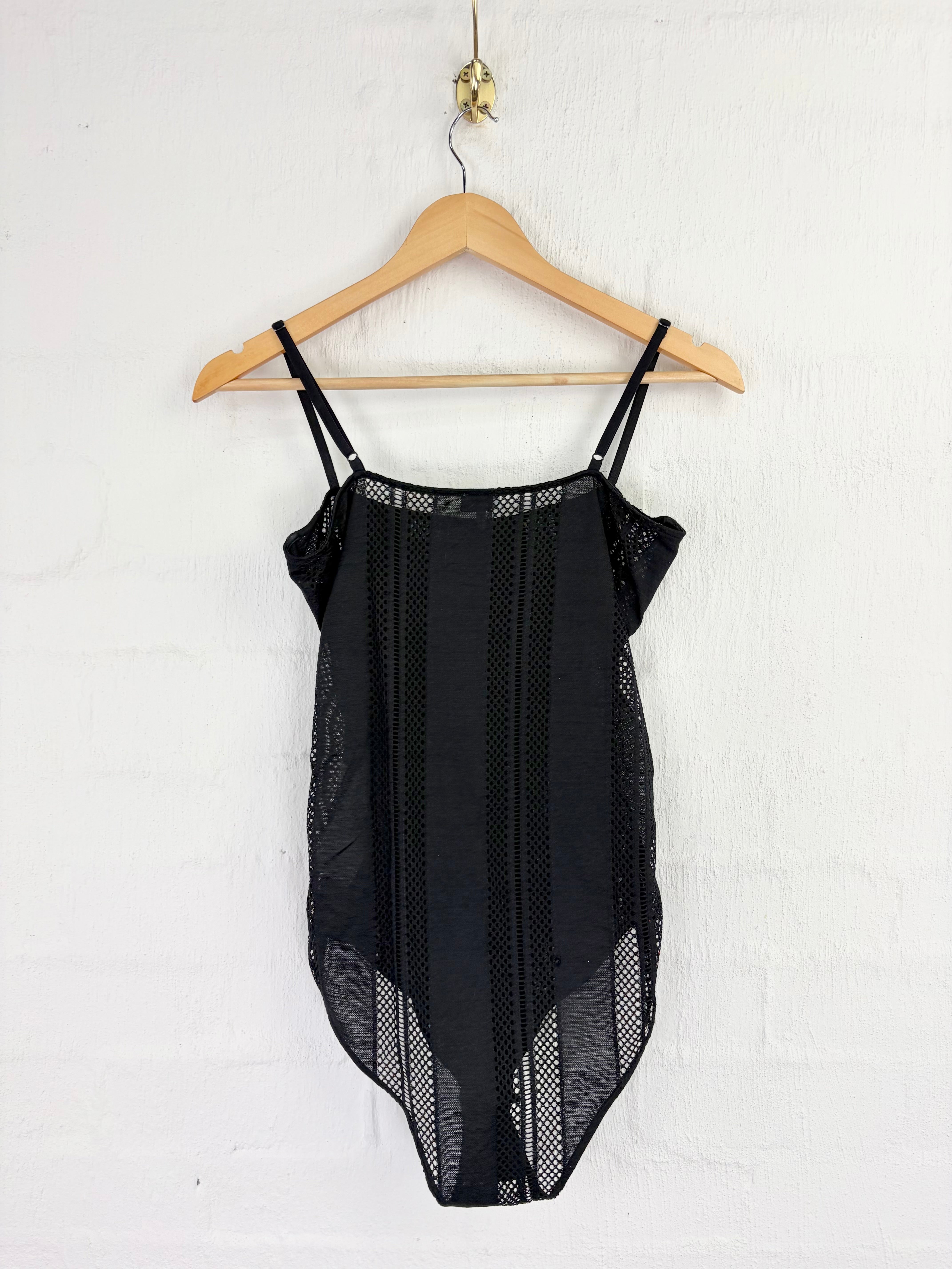 Ganni Black Mesh Spliced Gathered Body Suit - AU10/12