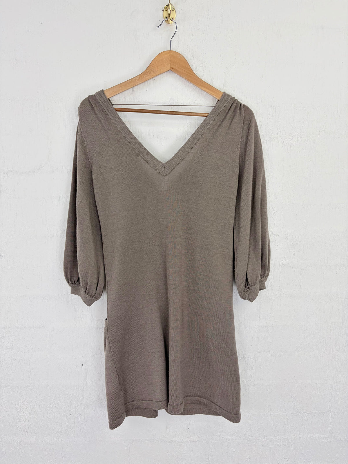 Katherine Taupe Silk & Wool V-Neck Midi Dress - AU10