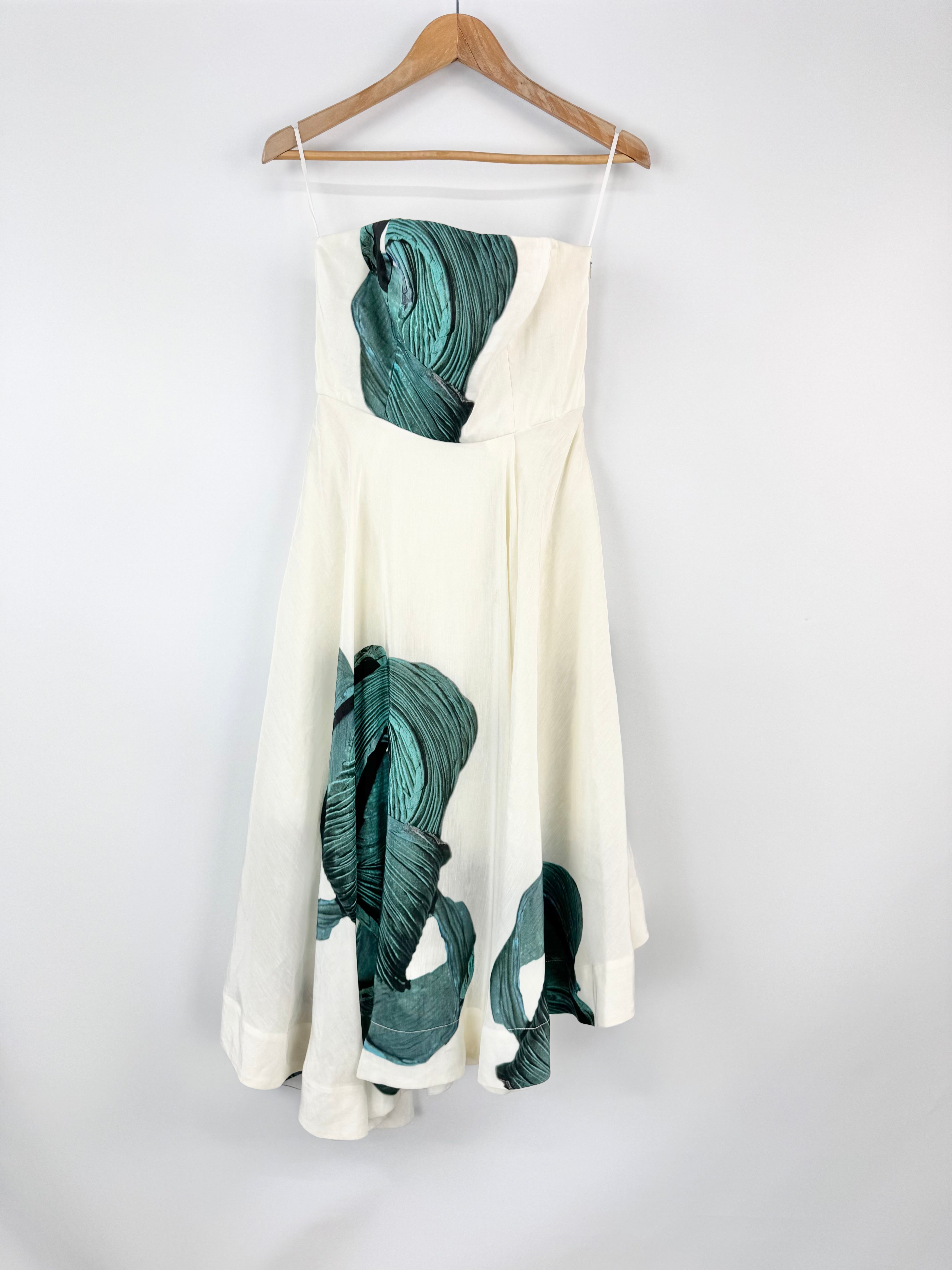 Tibi Off White and Holographic Teal Patterned Strapless Dress - AU6