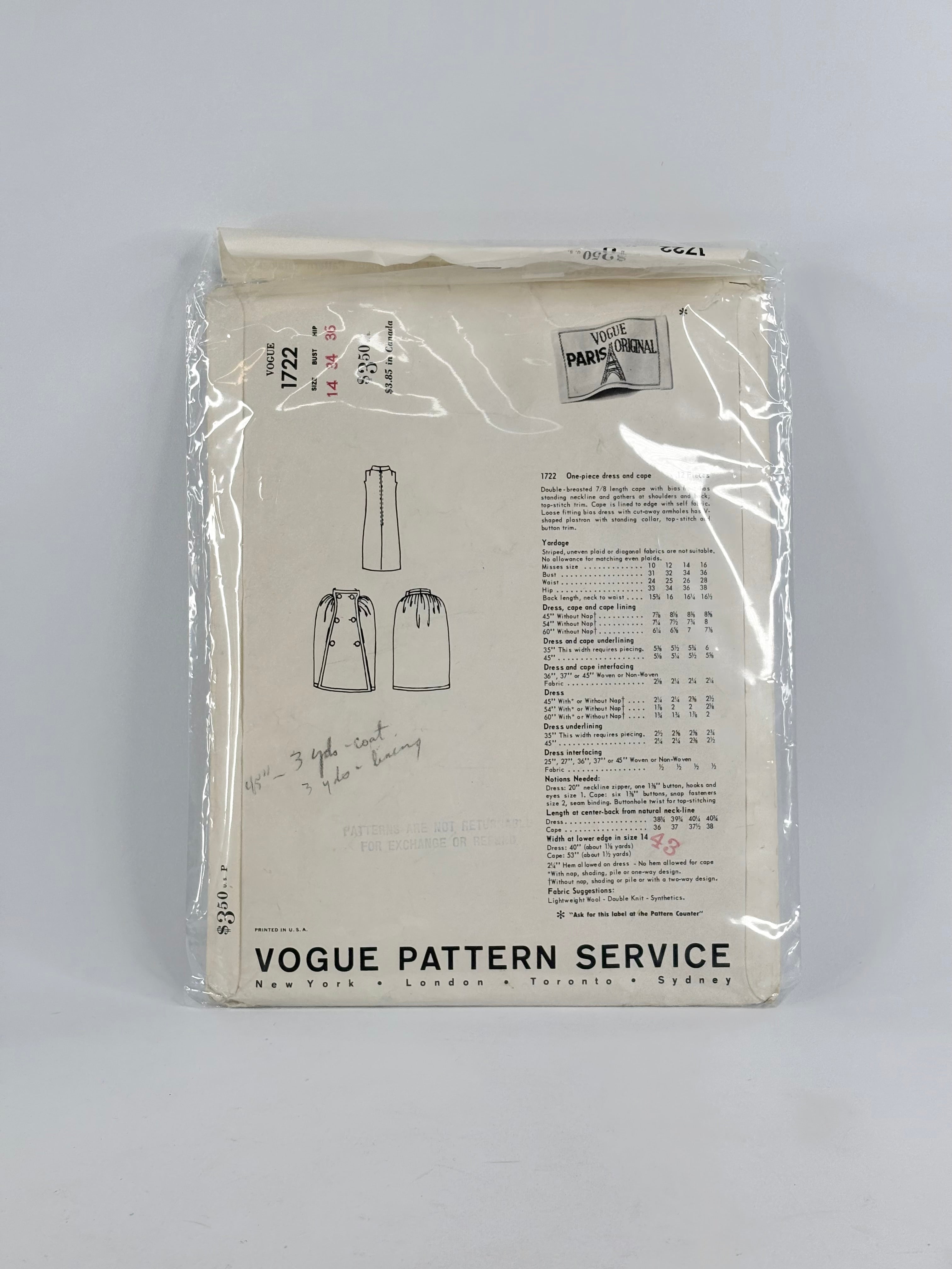 Vogue Paris Original Pierre Cardin Dress & Cape: No. 1722 - Size 14