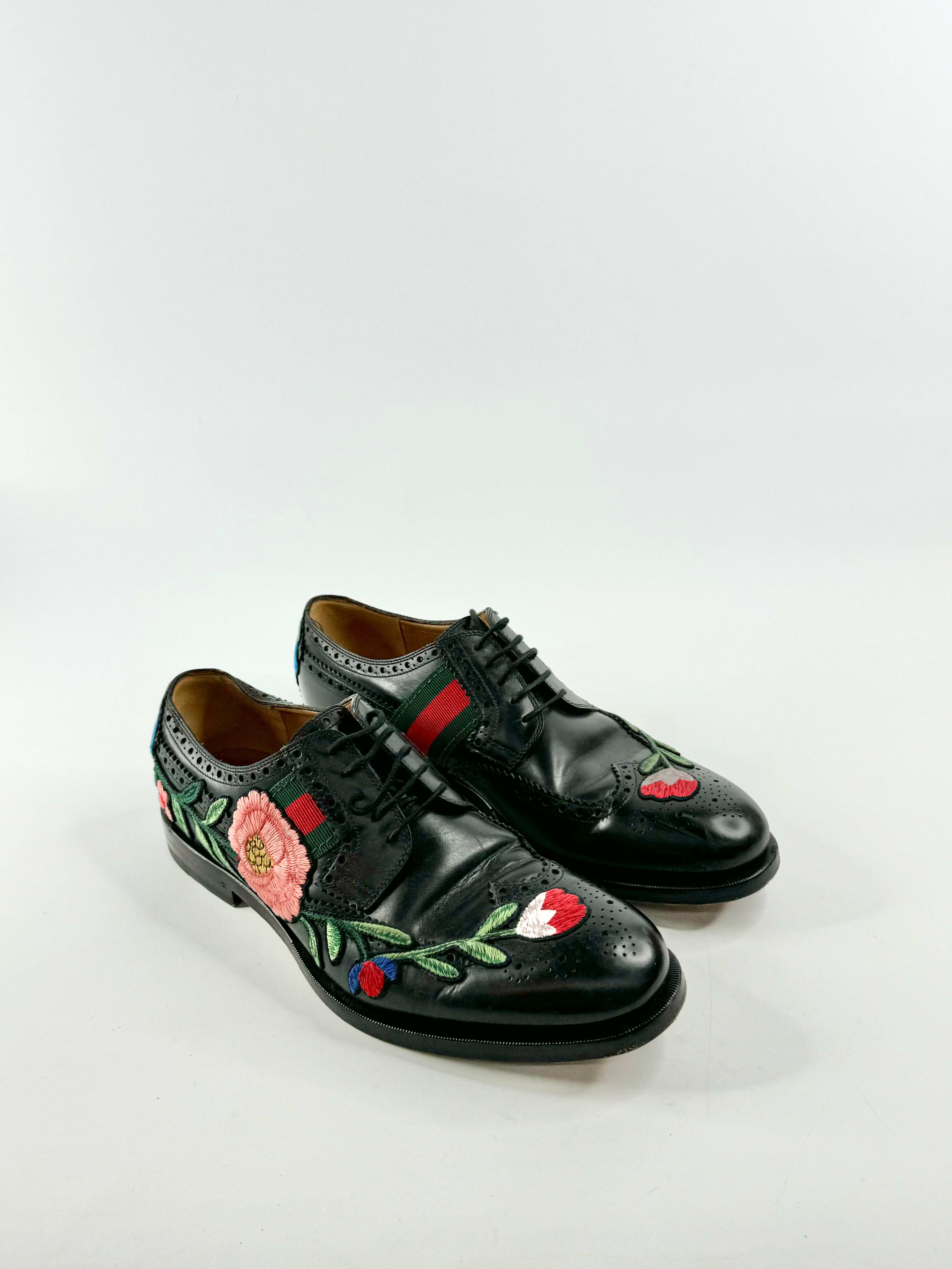 Gucci Black Applique Leather Wingtip Brogues - 9.5
