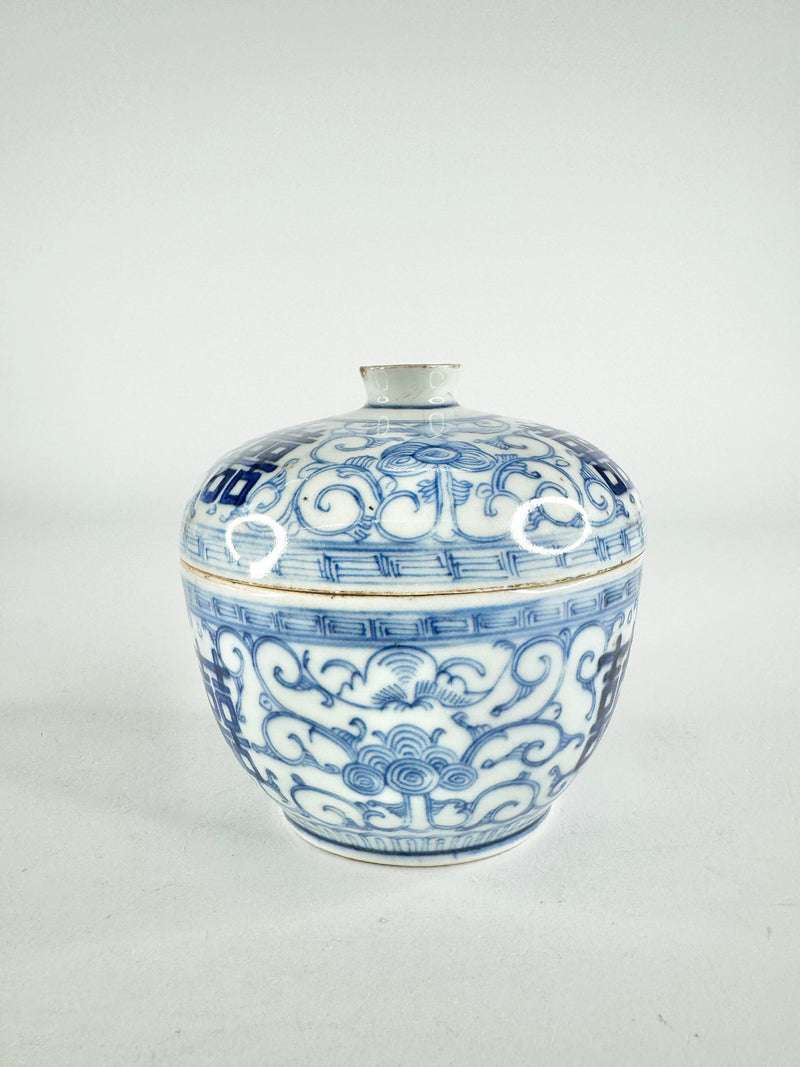 Antique 'Double Happiness' Small Blue & White Porcelain Lidded Dish