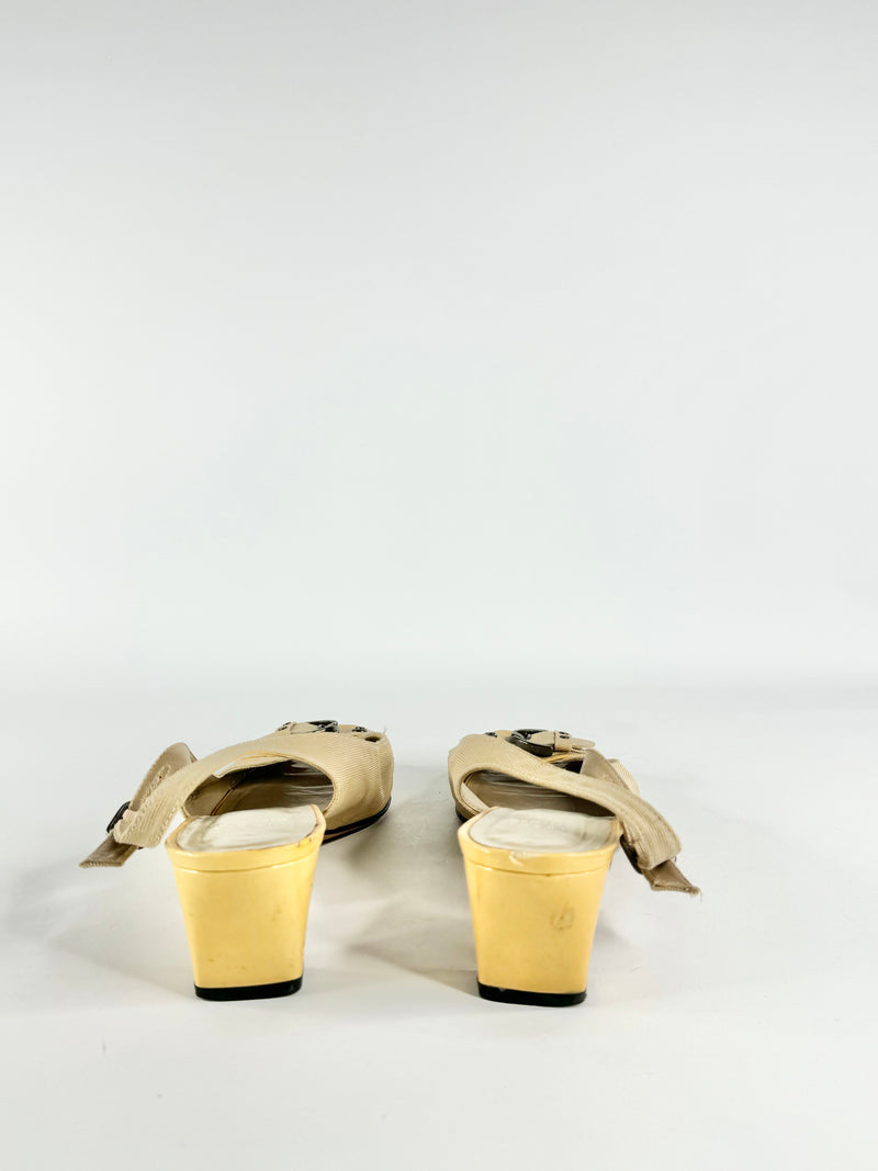 Stuart Weitzman Yellow & Cream Peep Toe Heels - EU41