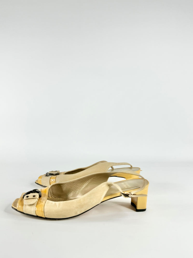 Stuart Weitzman Yellow & Cream Peep Toe Heels - EU41