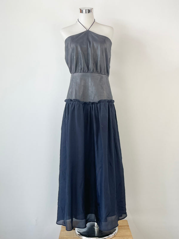 Flannel Limited Edition Navy Blue Leather & Silk Semi-Strapless Dress - AU10