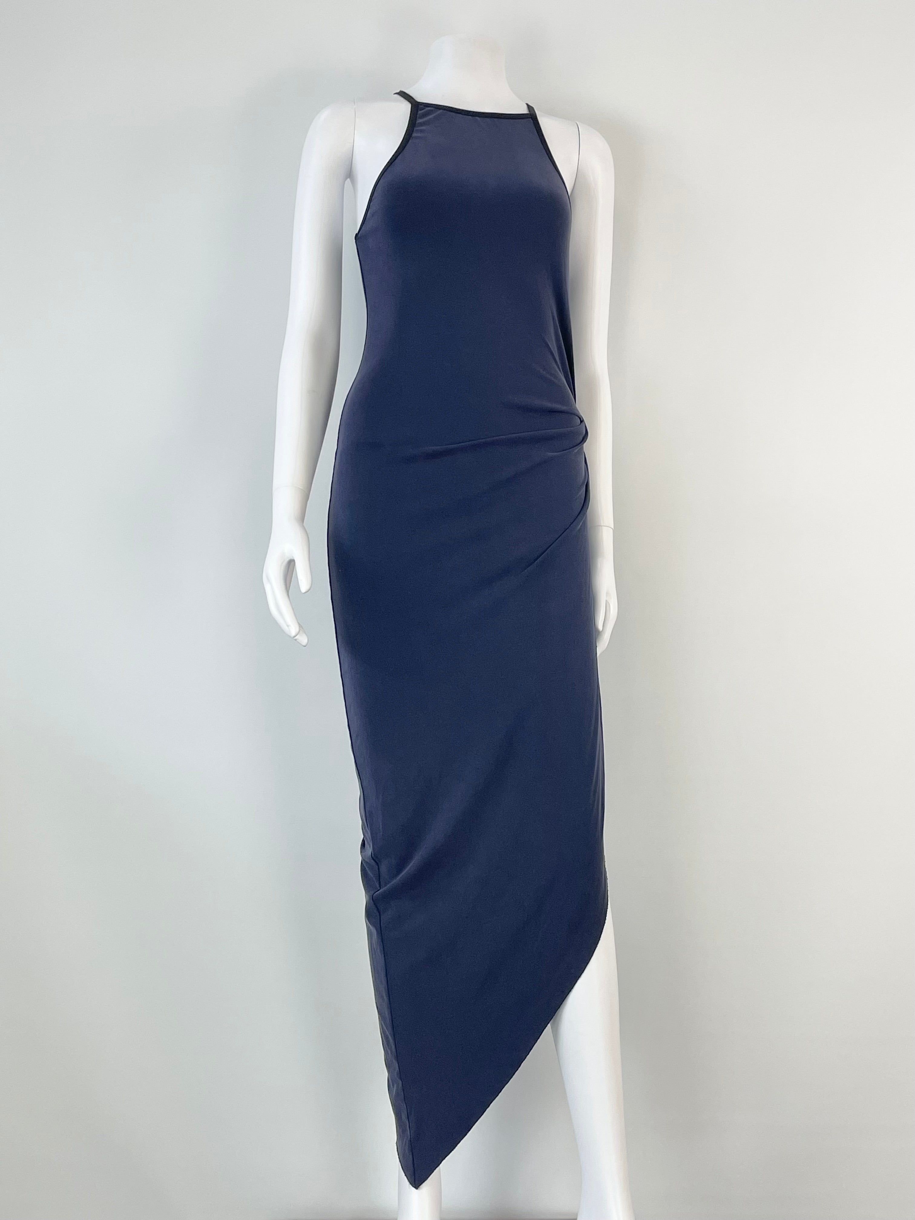 Navy blue ruched waist asymmetric shift dress on a mannequin.