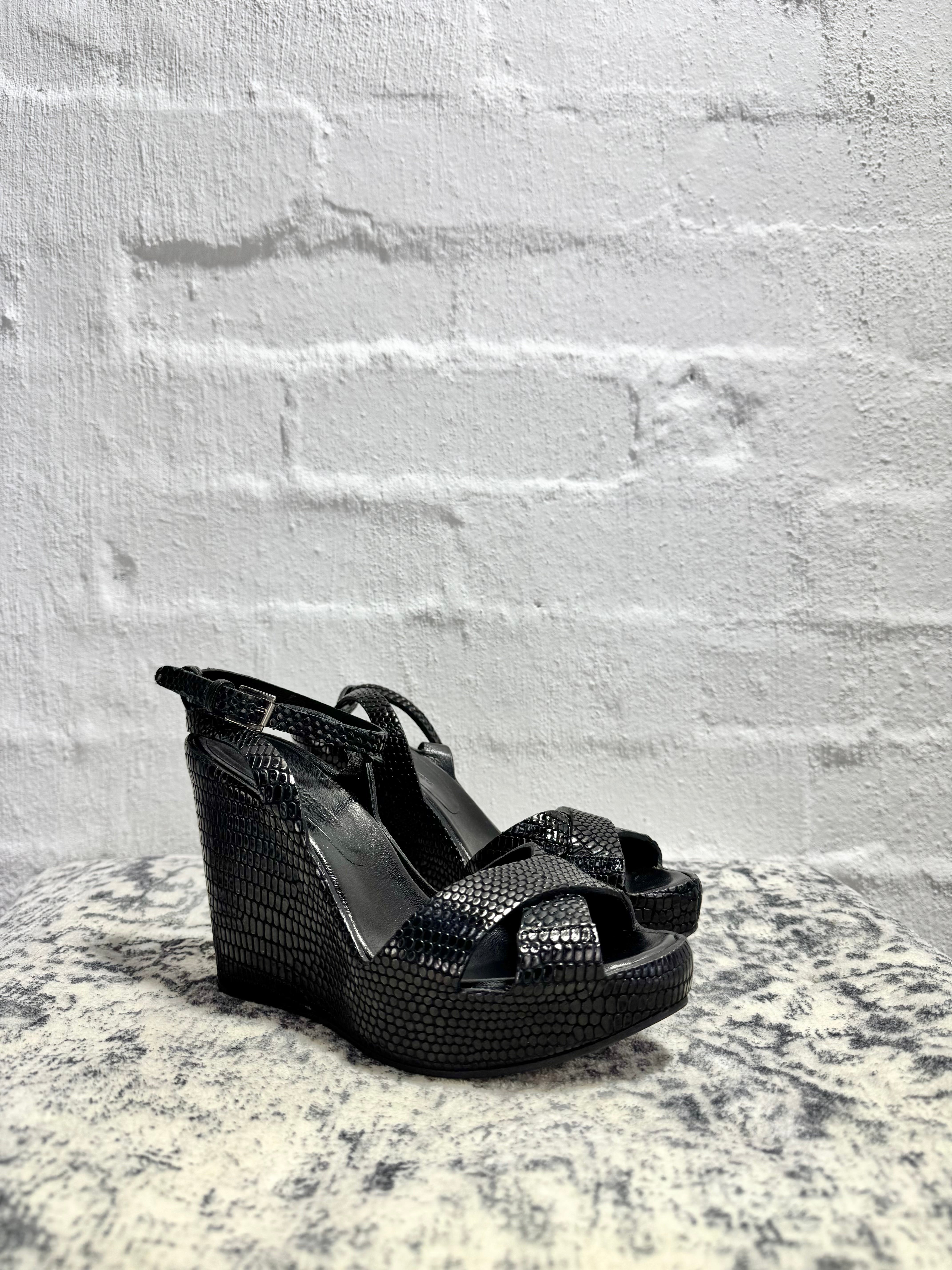Bianca Buccheri Black Reptile Embossed Peep Toe Wedges - EU37