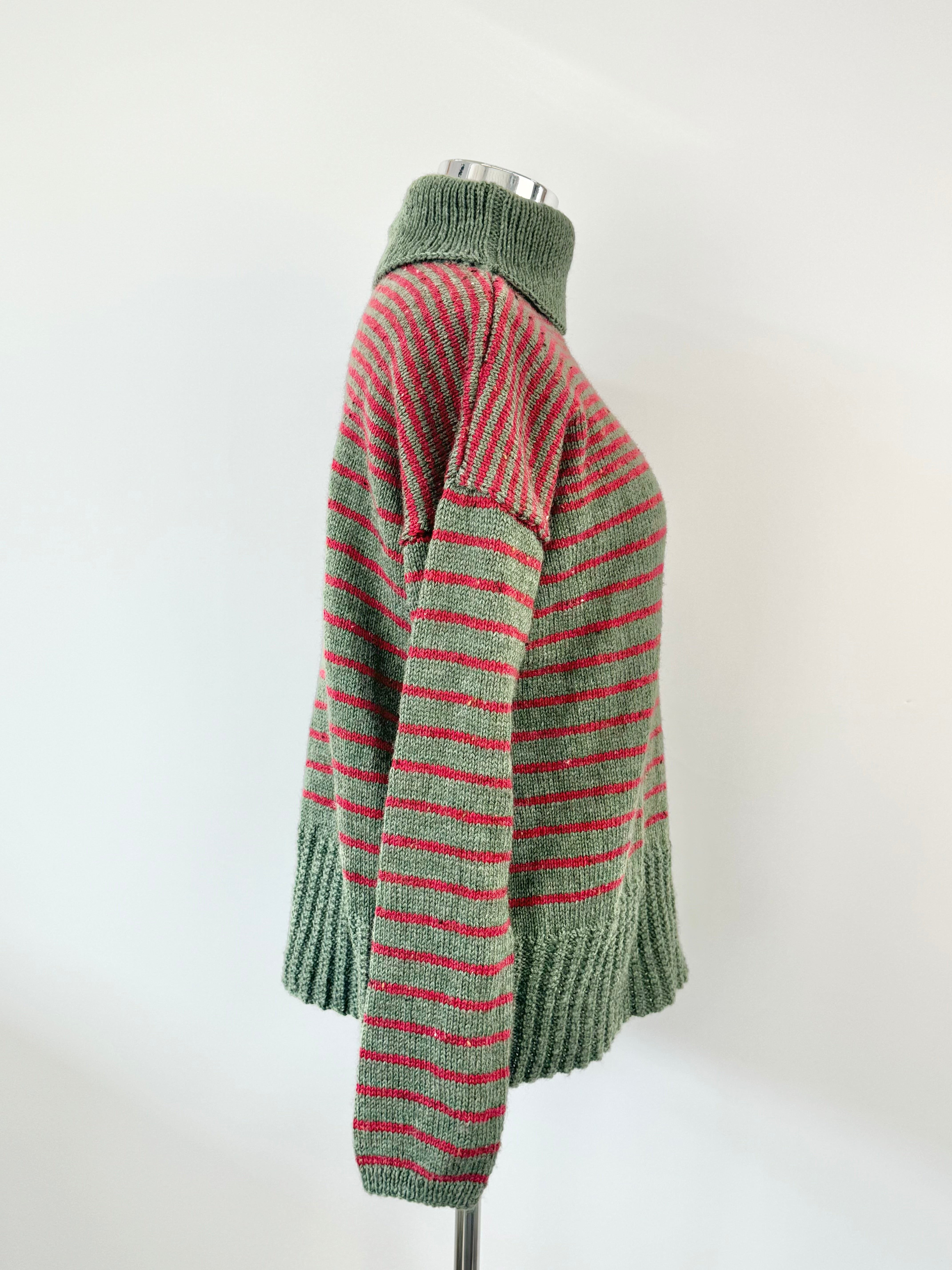 Hand Knit Olive Green & Red Strip Relax Fit Jumper - AU10/12/14