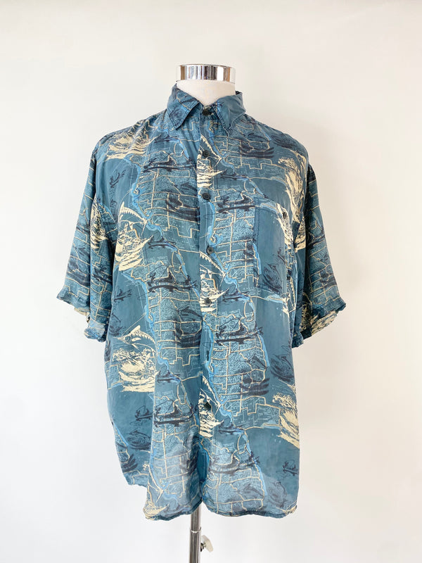 Vintage B Bruno Blue Silk Hawaiian Shirt - L