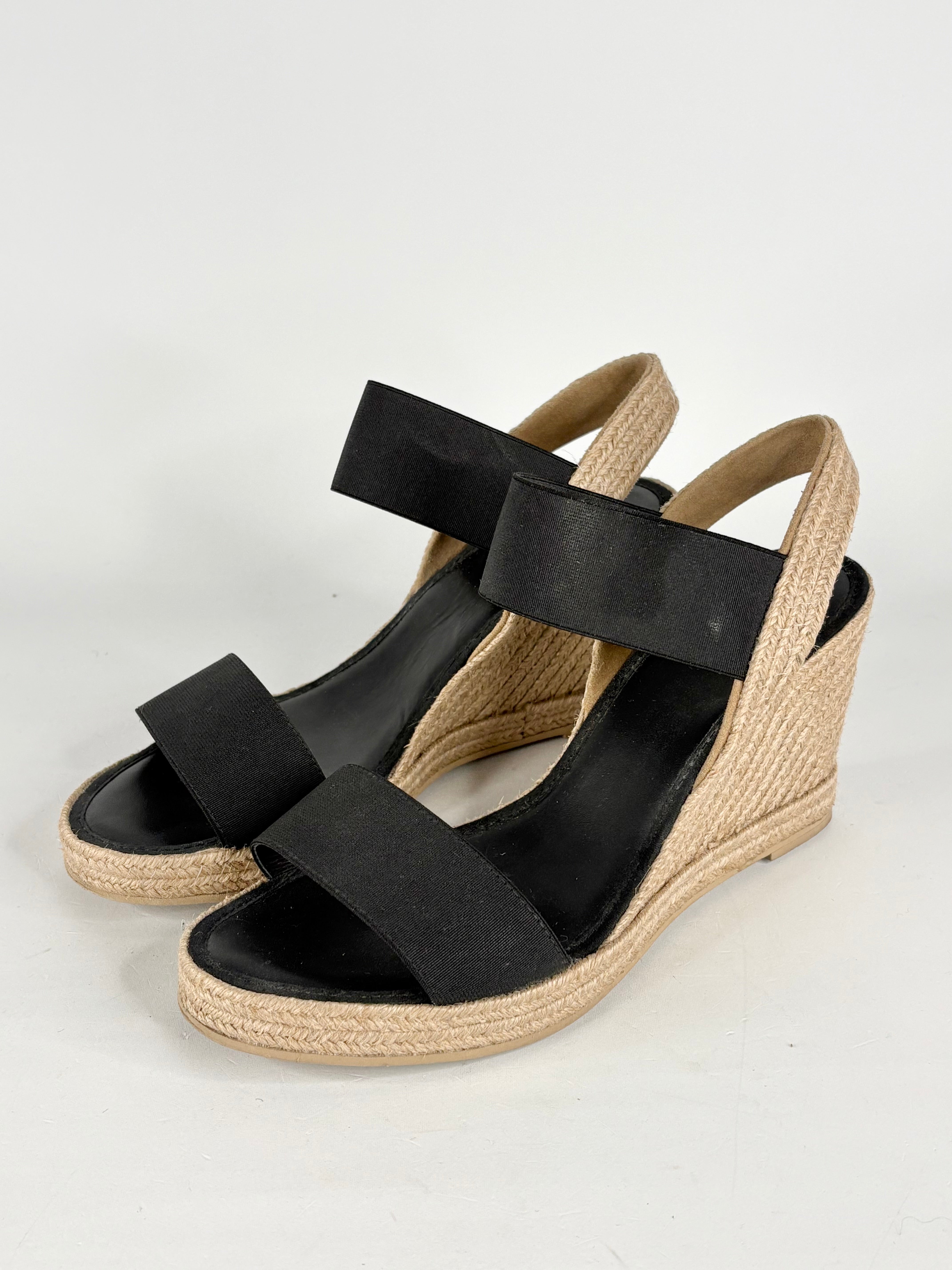 Husk Black Leather & Raffia Espadrille Wedges - EU39