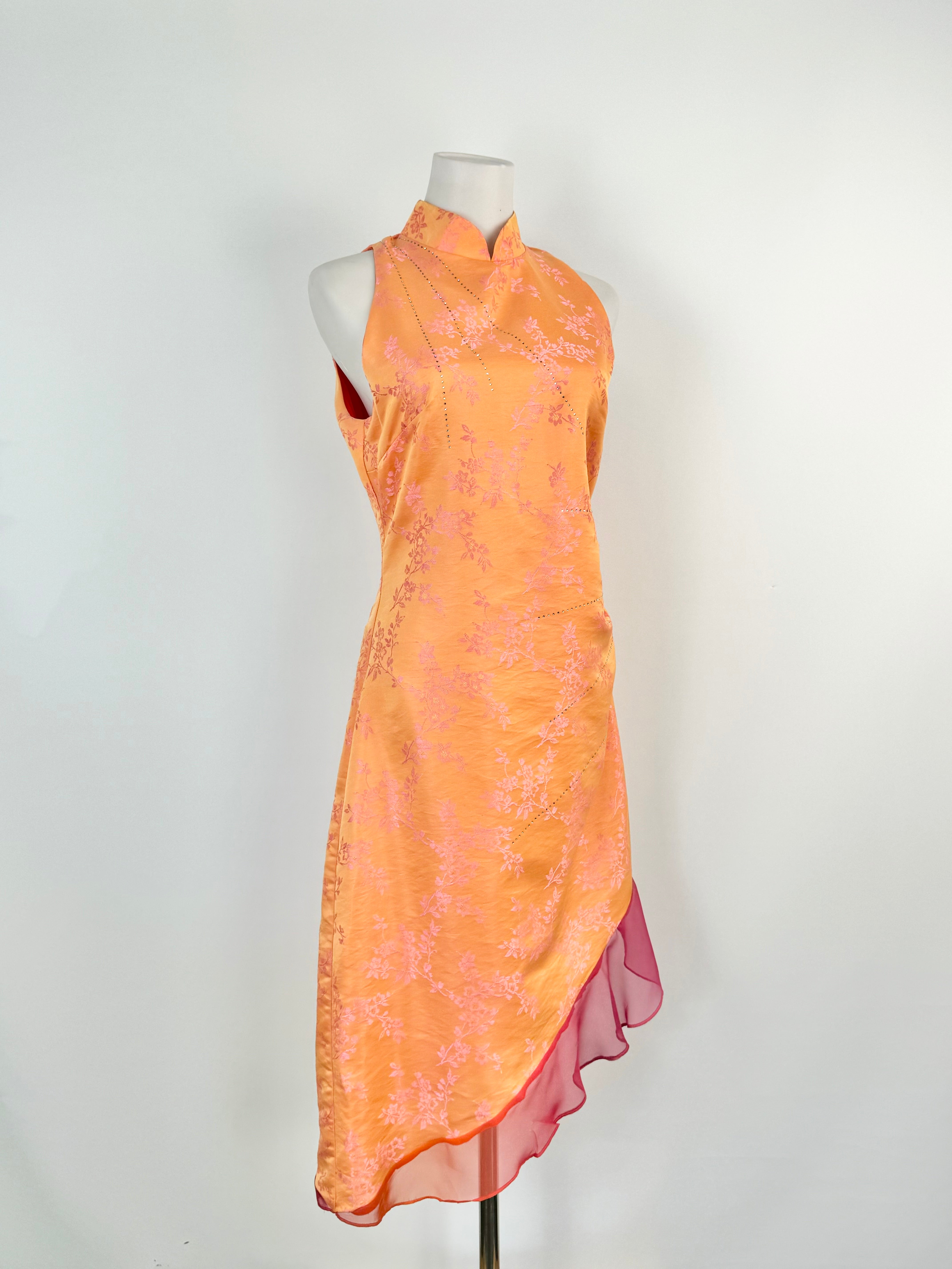 Vintage Studibaker Sunset Orange & Pink Floral Sleeveless Dress - AU6/8