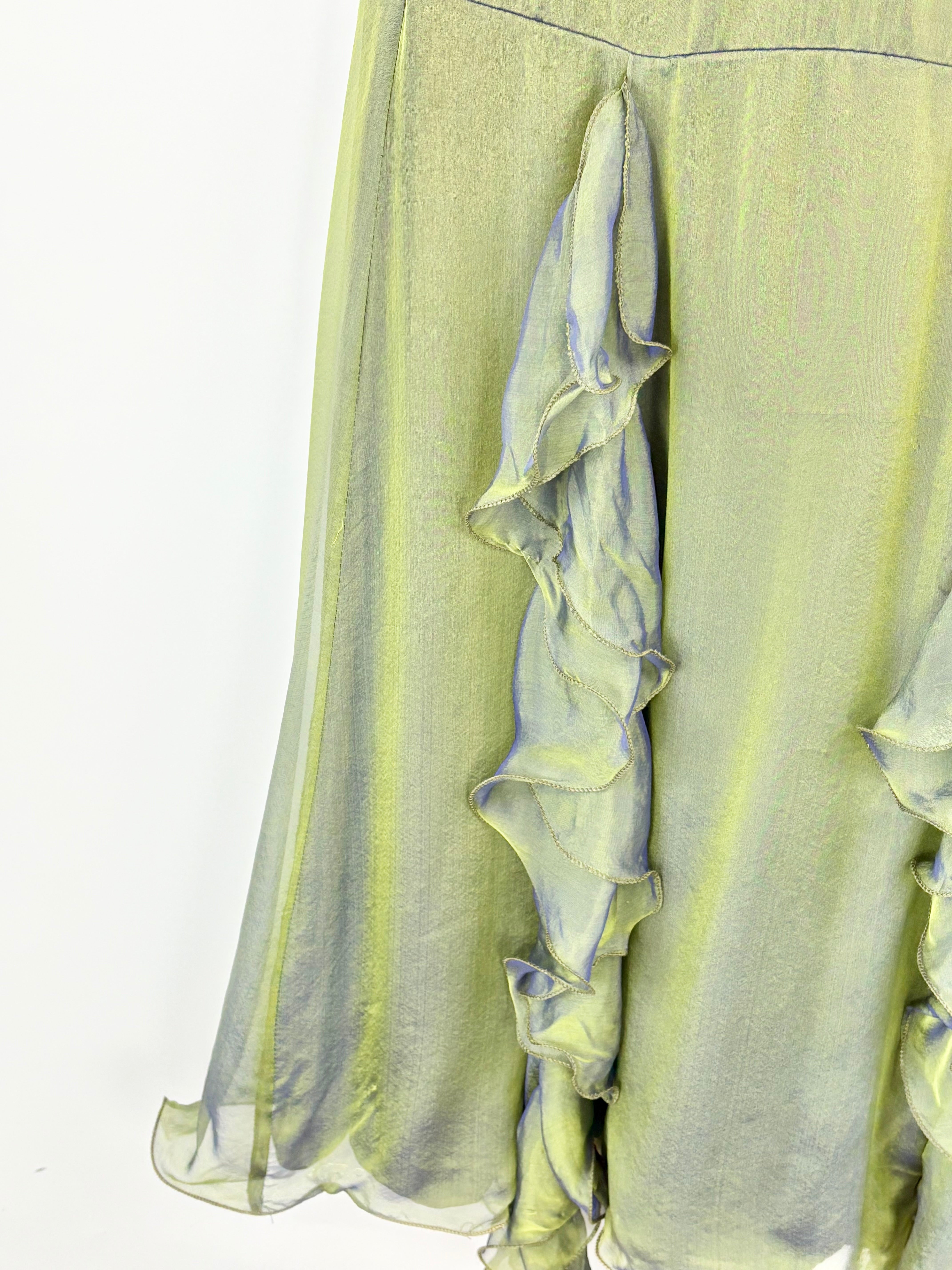 Fialora Vintage Satin-Iridescent Green Mermaid Style Ruffle Gown - AU8/10
