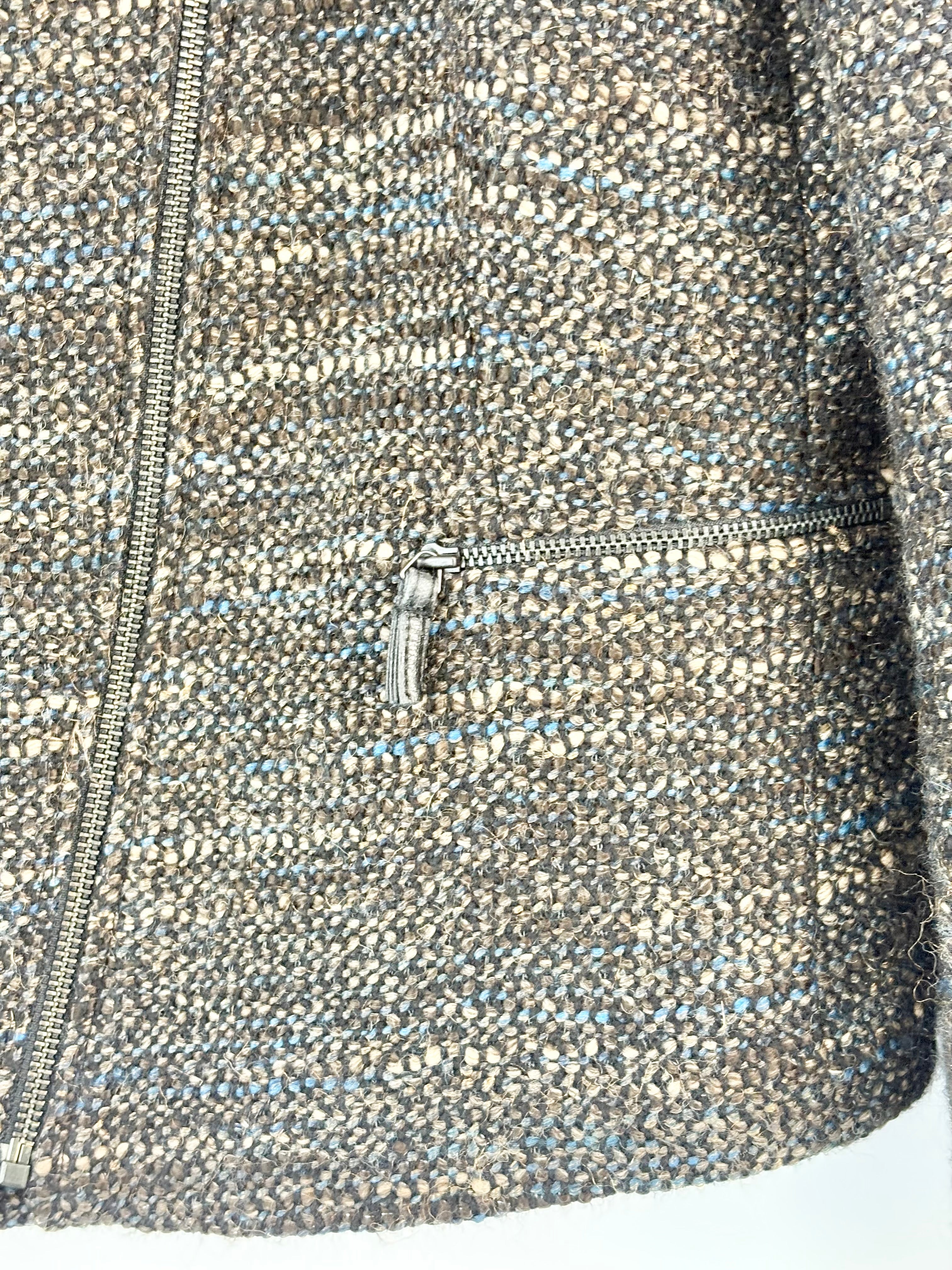 Gerard Darel Brown & Ocean Blue Tweed Asymmetric-Zip Moto Jacket - AU12