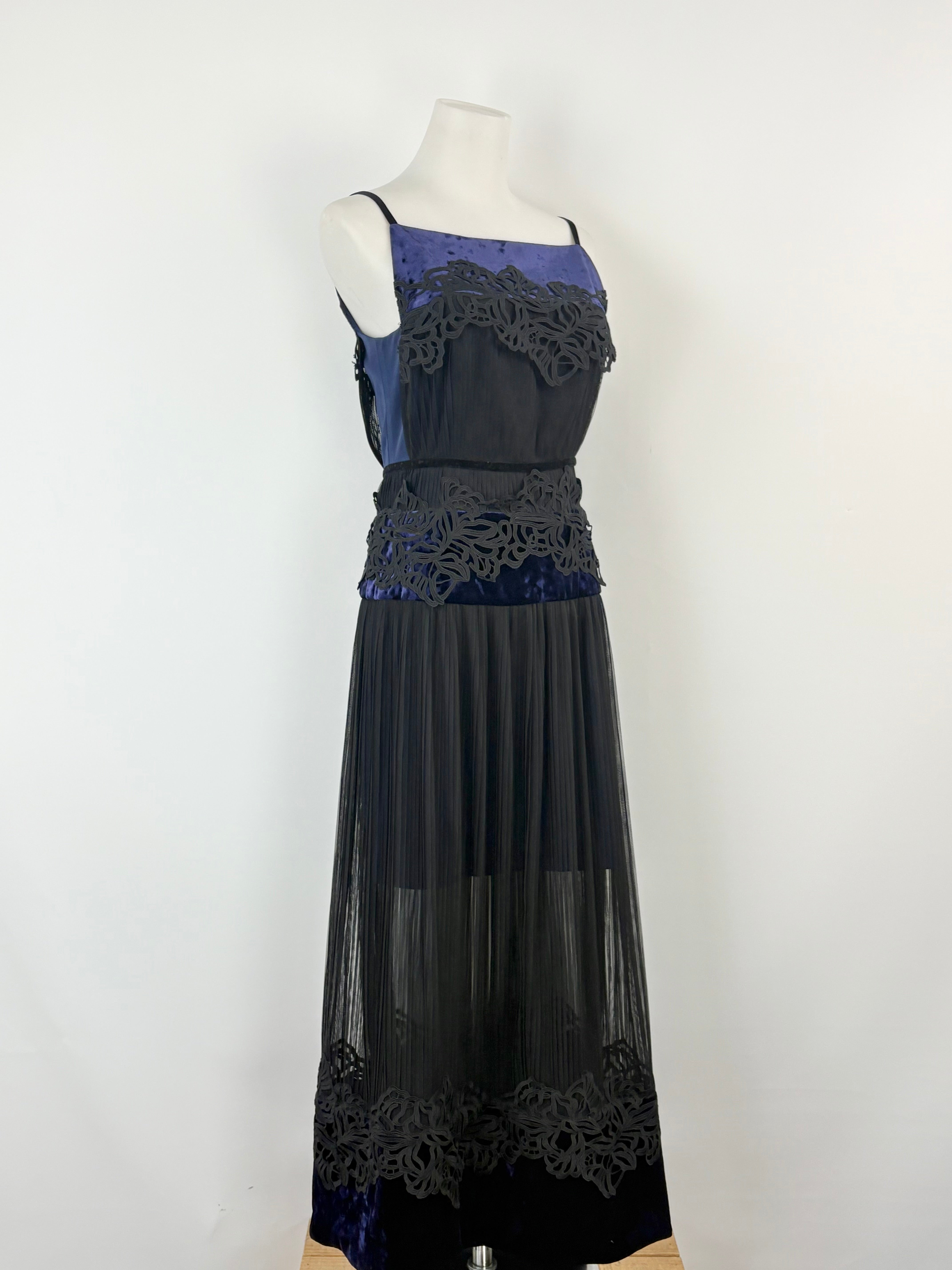 Three Floor Twilight Blue & Embroidered Floral Black Tiered Evening Dress - AU8