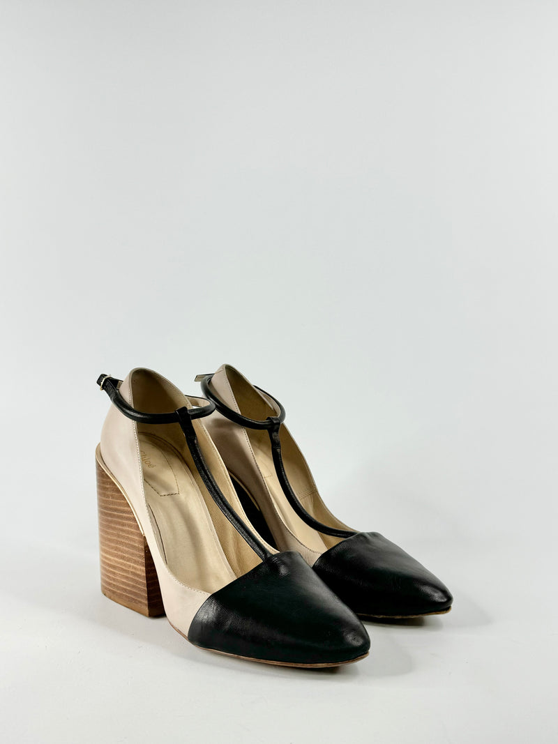 Chloe Soft Beige & Black Block Heels - EU38