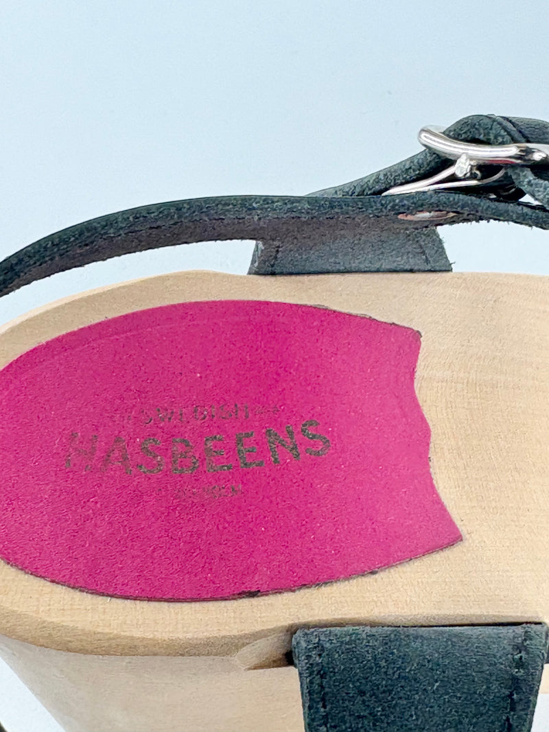 Swedish Hasbeens Black Leather & Wooden Sandals - EU41