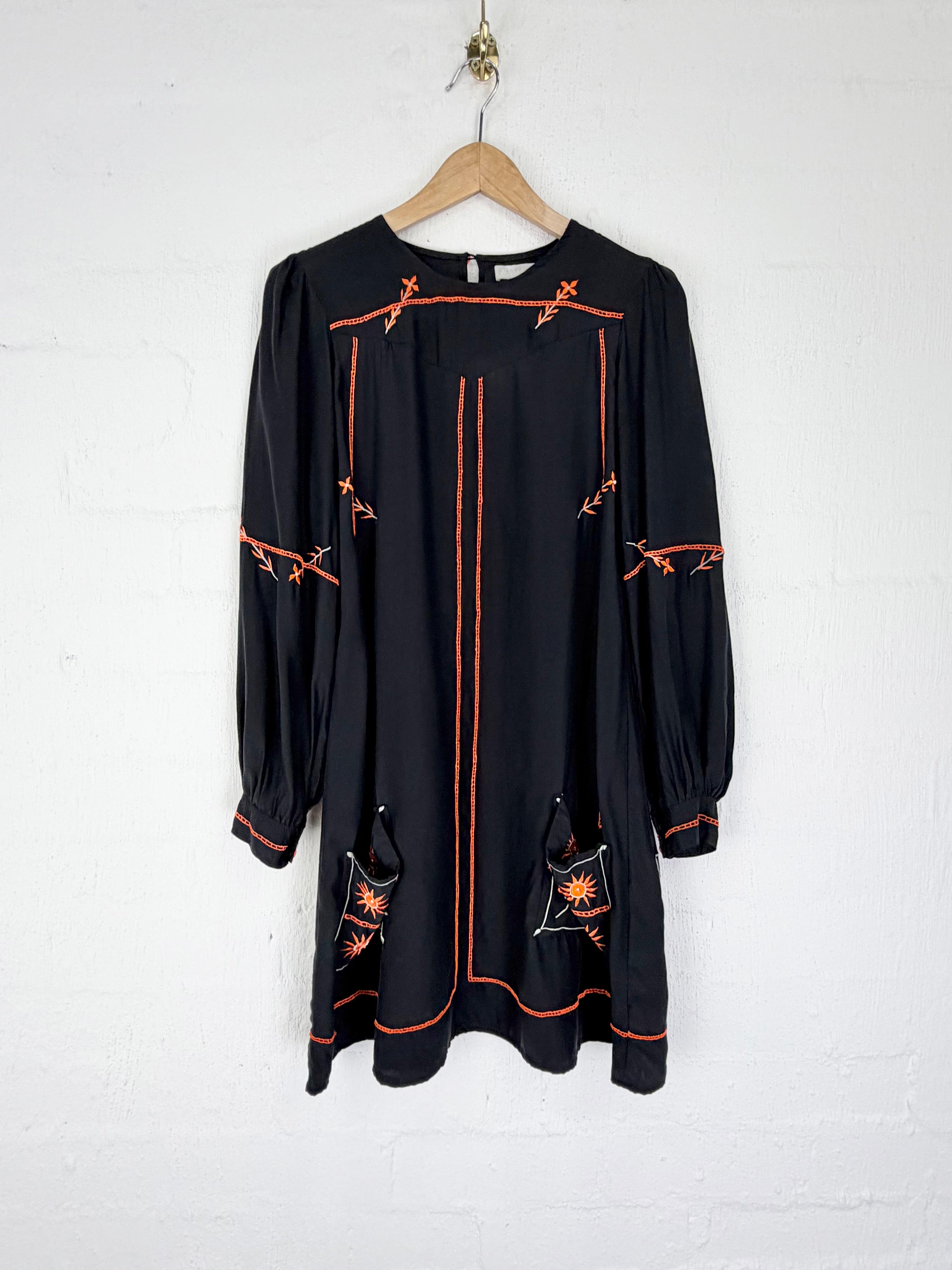Alice McCall Black & Orange Embroidered Puff Sleeve Mini Dress - AU10