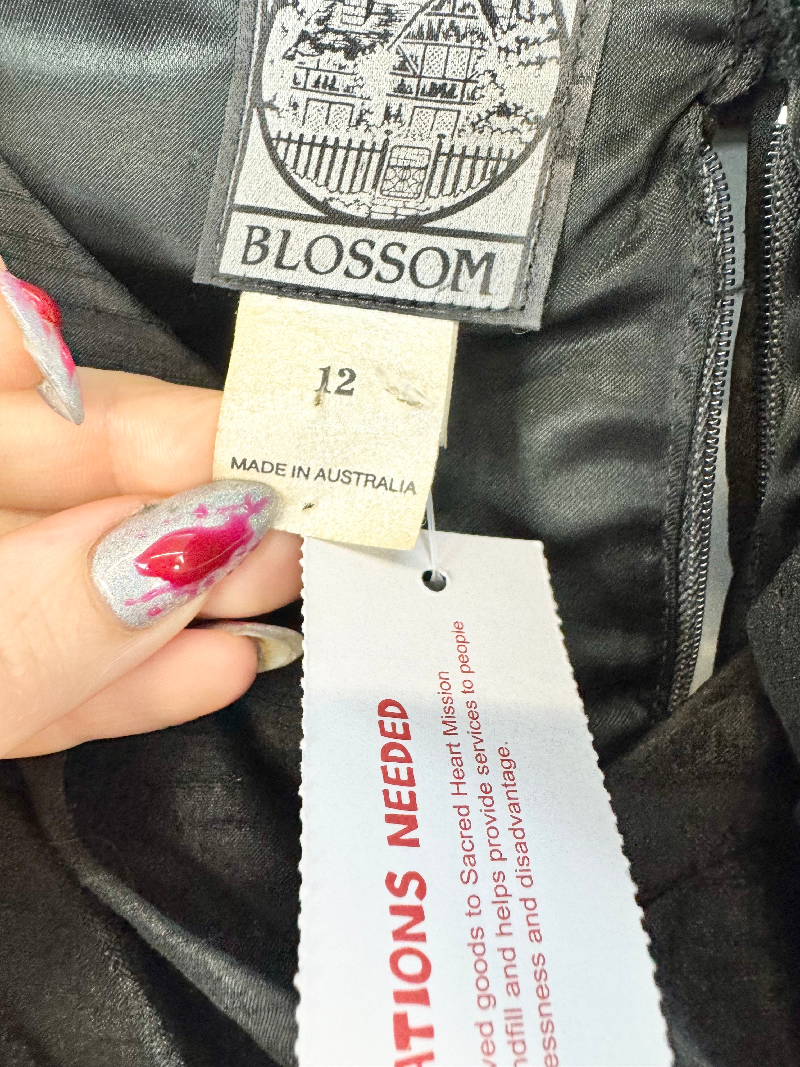 Vintage Cottage Blossom Black Taffeta Silk Dress - AU10