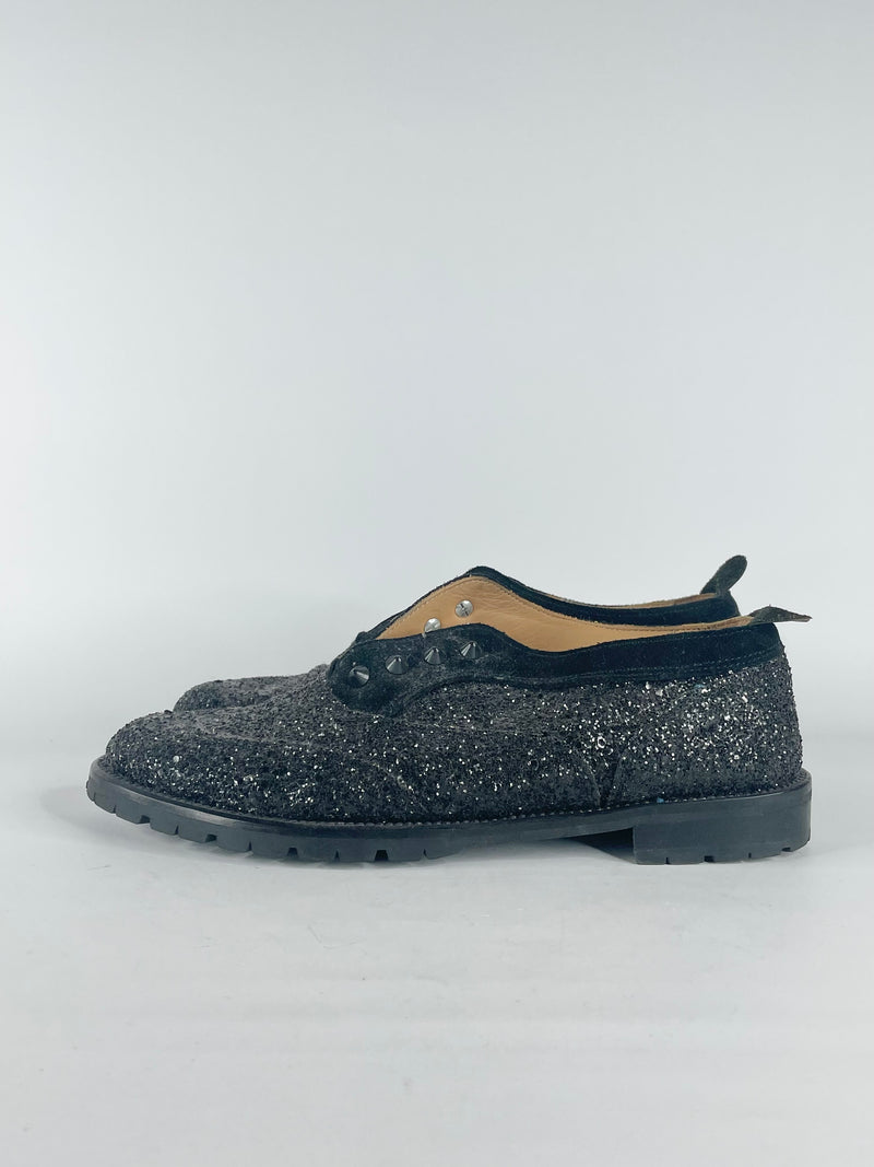 L'F Shoes Black Leather Glitter Studded Slip Ons - EU40