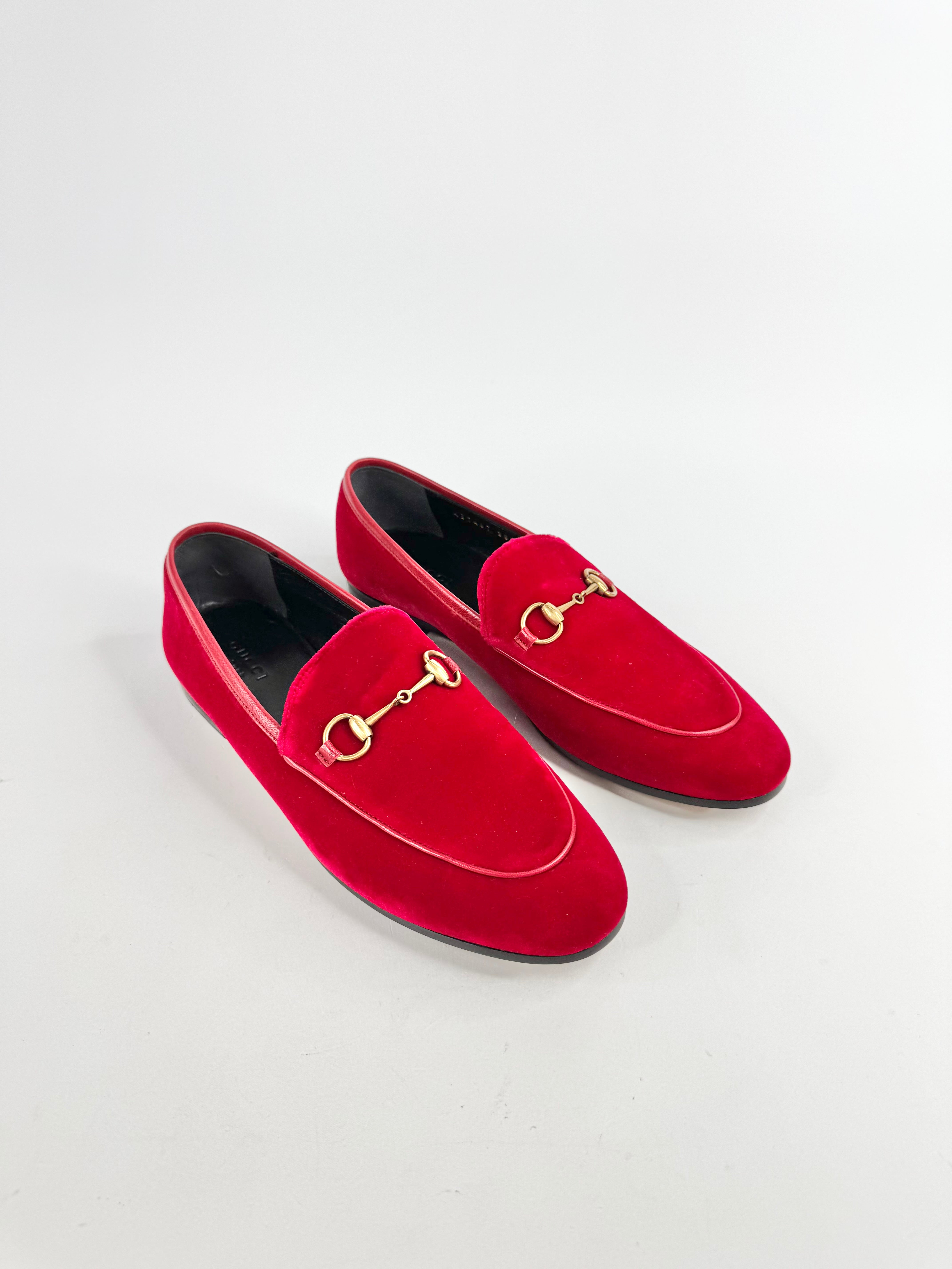 Gucci Red Velvet Horsebit Loafers - EU38.5