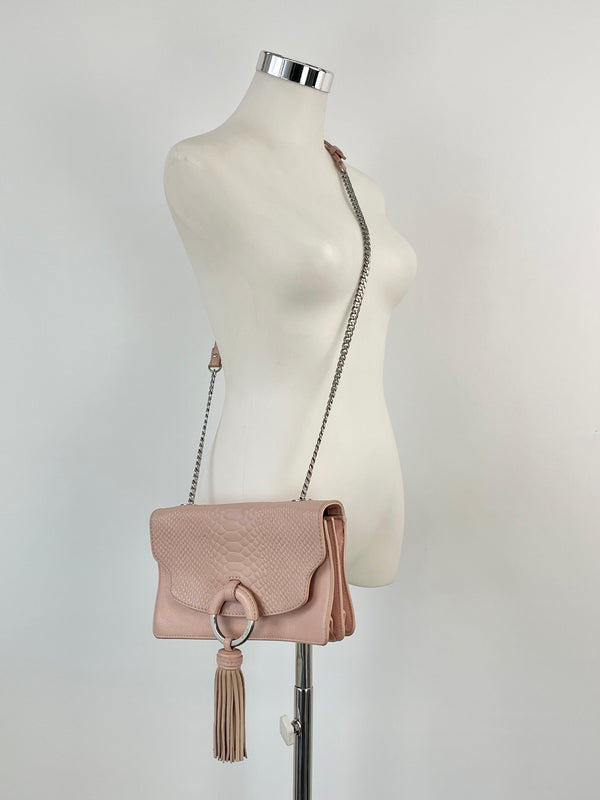 Mimco Pastel Pink Croc-Textured Leather Crossbody Bag