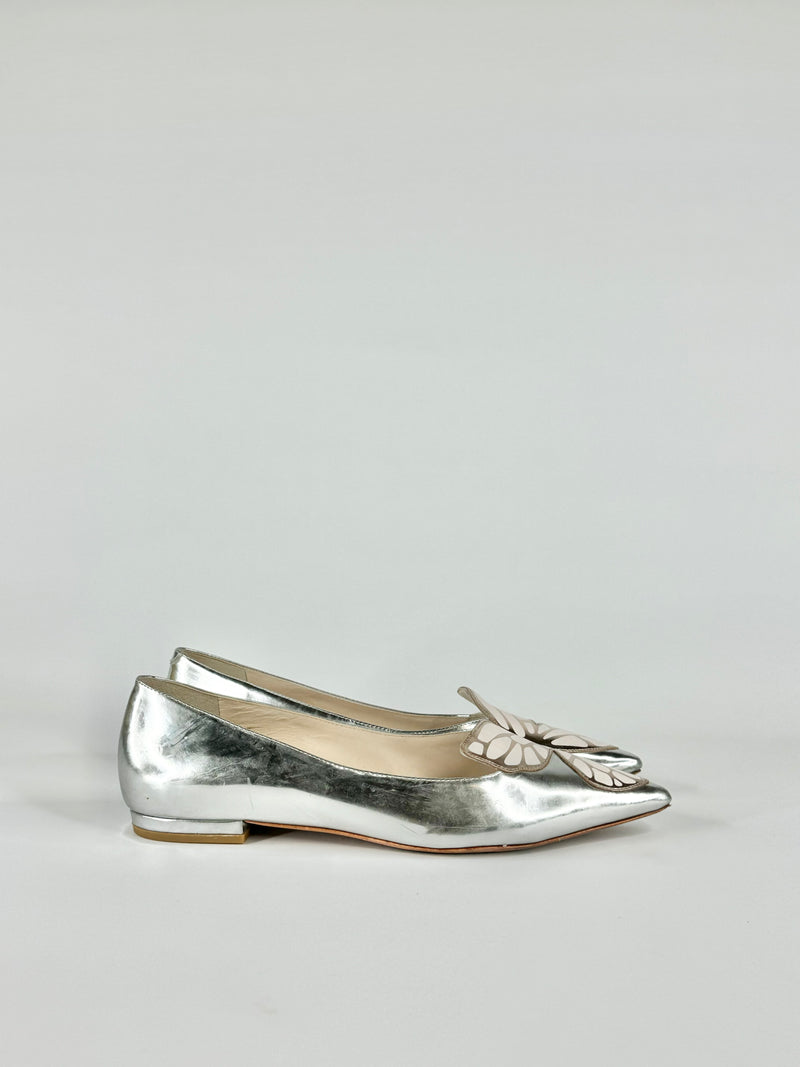 Sophia Webster Silver Butterfly Motif Pointed Toe Flats - EU37