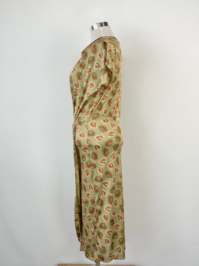 Ibis Peekaboo Olive Green Floral Midi Dress - AU10/12