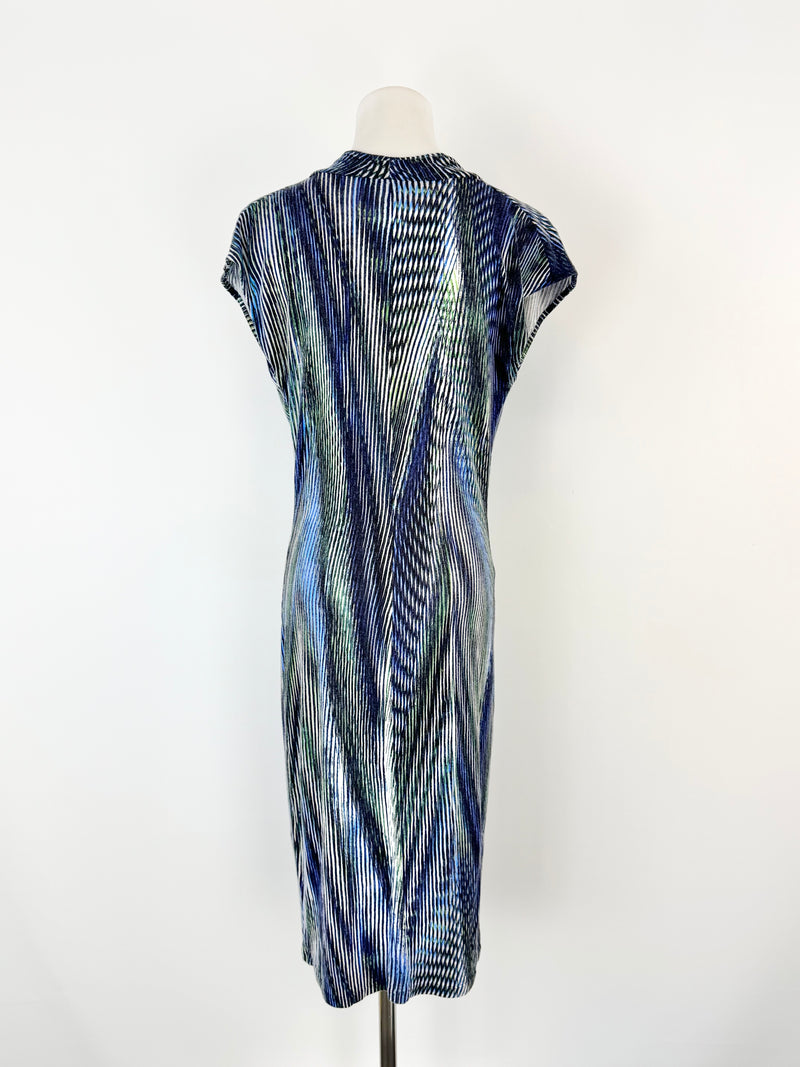 Halston Heritage Blue Striped Cowl Neck Midi Dress- AU8