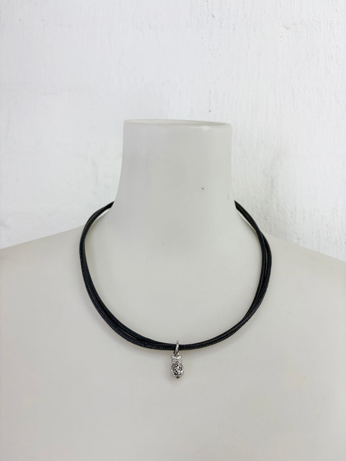 Blossom Copenhagen Small Silver Owl Pendant on Grey Leather